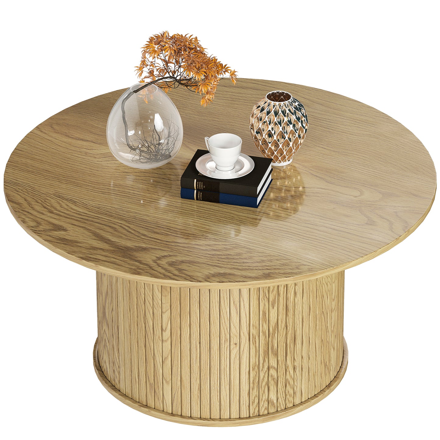 31.5" Round Coffee Table, Nordic Style Center Table with Fluted Cylindrical Base for Living Room, Oak