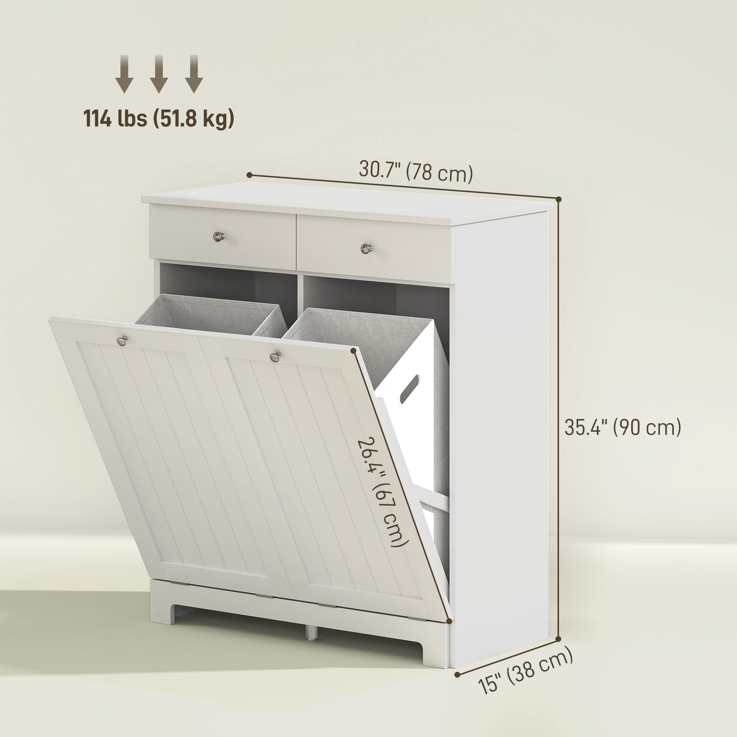Laundry Cabinet, Tilt Out Laundry Hamper Cabinet with 2 Baskets, Bathroom Hamper Cabinet with 2 Drawers, White