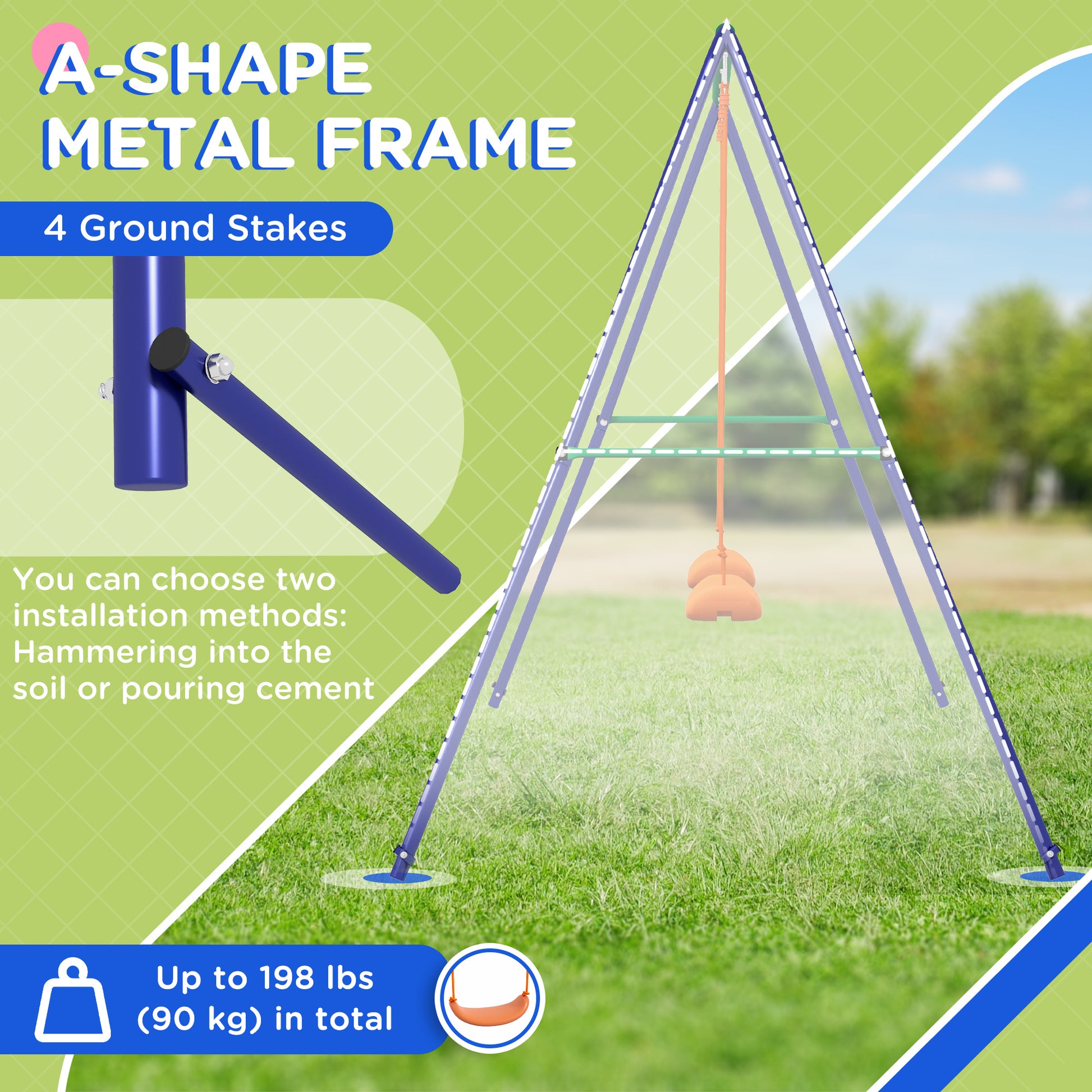 Kids Swing Set Outdoor Metal Swing Frame with Double Swing Seats for 1-2 Children Aged 3-8 Years Old