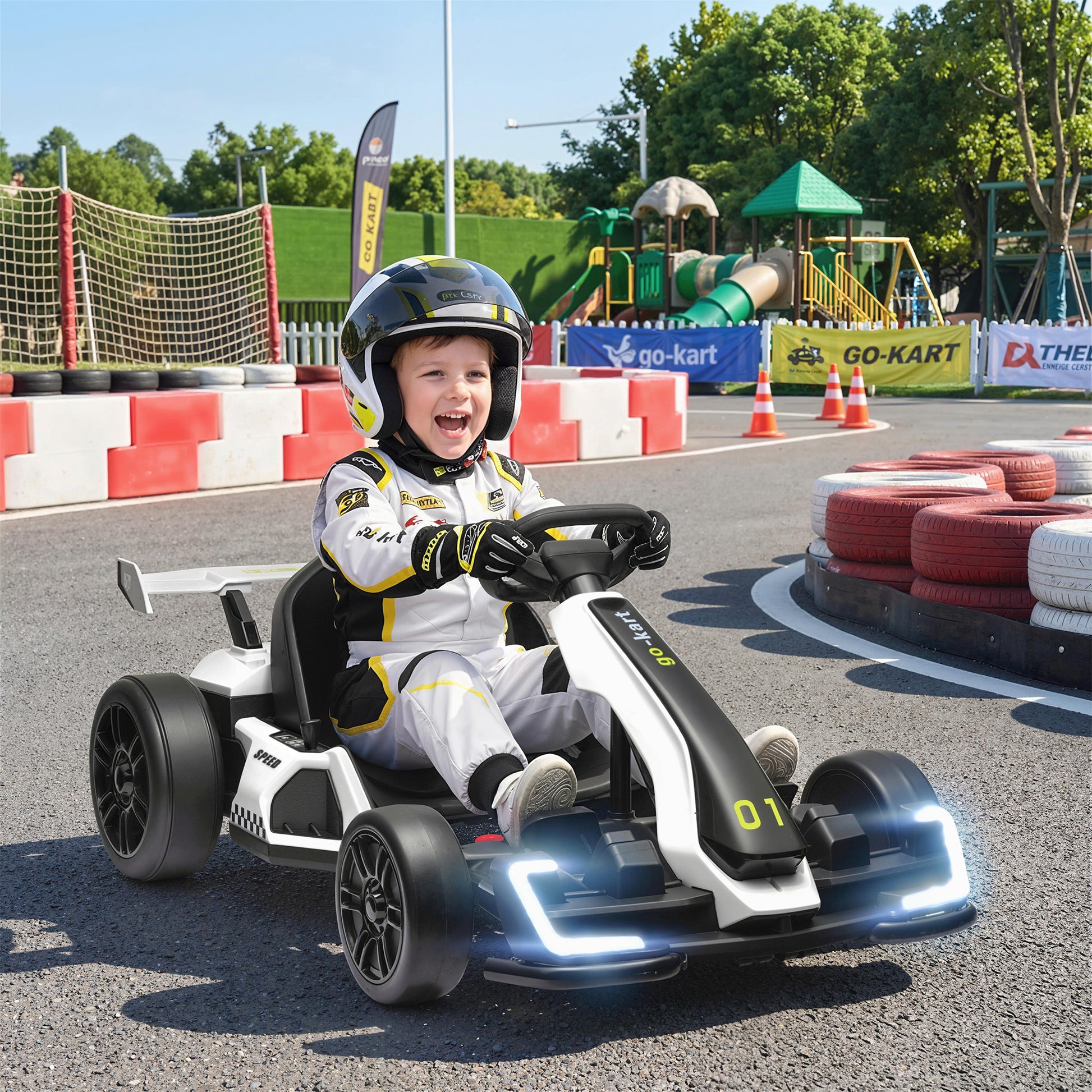 Aosom 24V Electric Go Kart, Battery Powered Kids Drift Kart with Adjustable Seat, Seat Belt, Horn, Music, Light, White