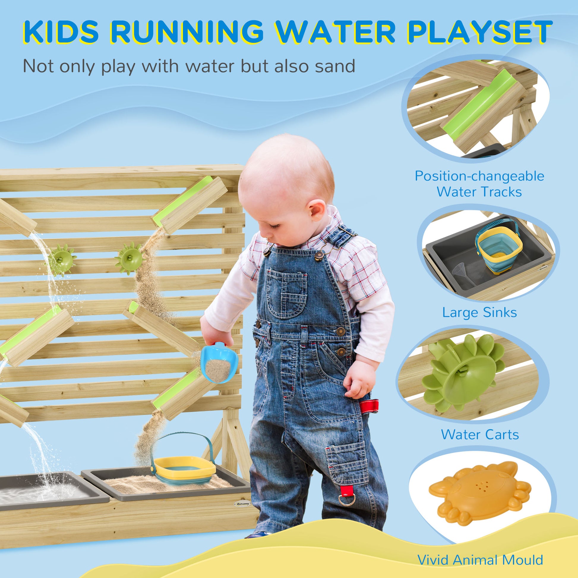 18 Pcs Kids Running Water and Sand Playset Outdoor with Sinks, Wooden Sensory Toys with Colorful Accessories, Gift for Boys and Girls, Aged 3-7 Years Old