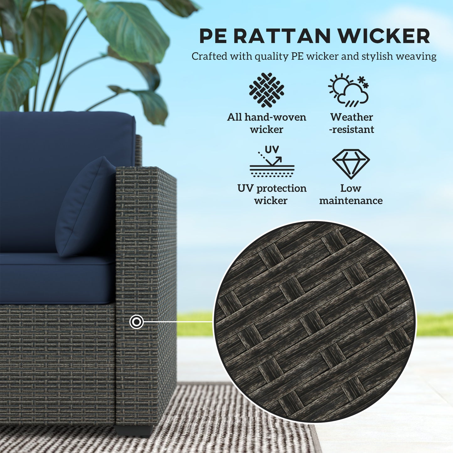 3-Seater Outdoor Sofa with Cushions, PE Rattan Conversation Patio Couch with Pillows for Garden, Poolside, Blue/Brown