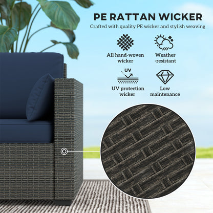 3-Seater Outdoor Sofa with Cushions, PE Rattan Conversation Patio Couch with Pillows for Garden, Poolside, Blue/Brown