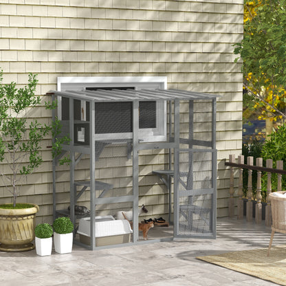 Large Outdoor Catio with Weatherproof Roof, Bridge, Resting Box, Platforms, Grey