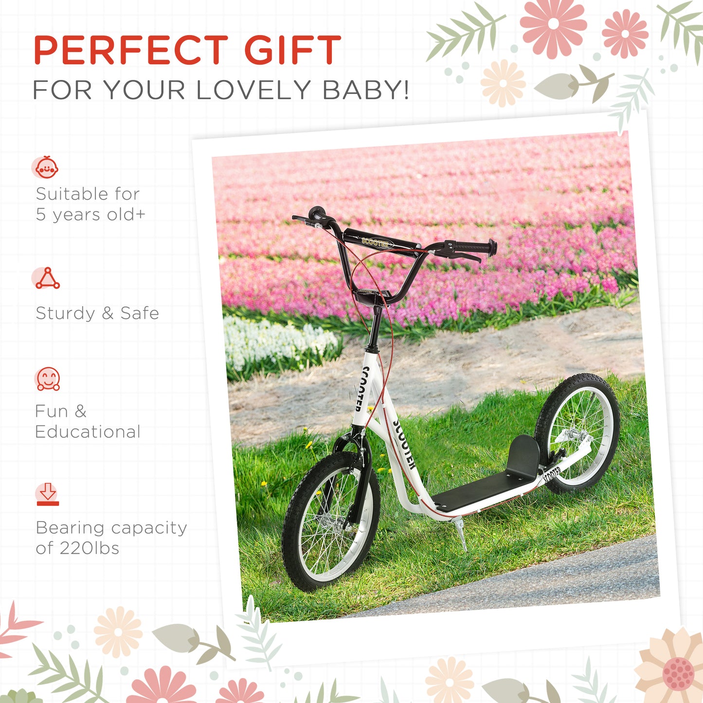 Aosom Kids Kick Scooter for 5+ Year Old, Kids Ride on Toy w/ 16'' Inflatable Wheel Dual Brakes, White