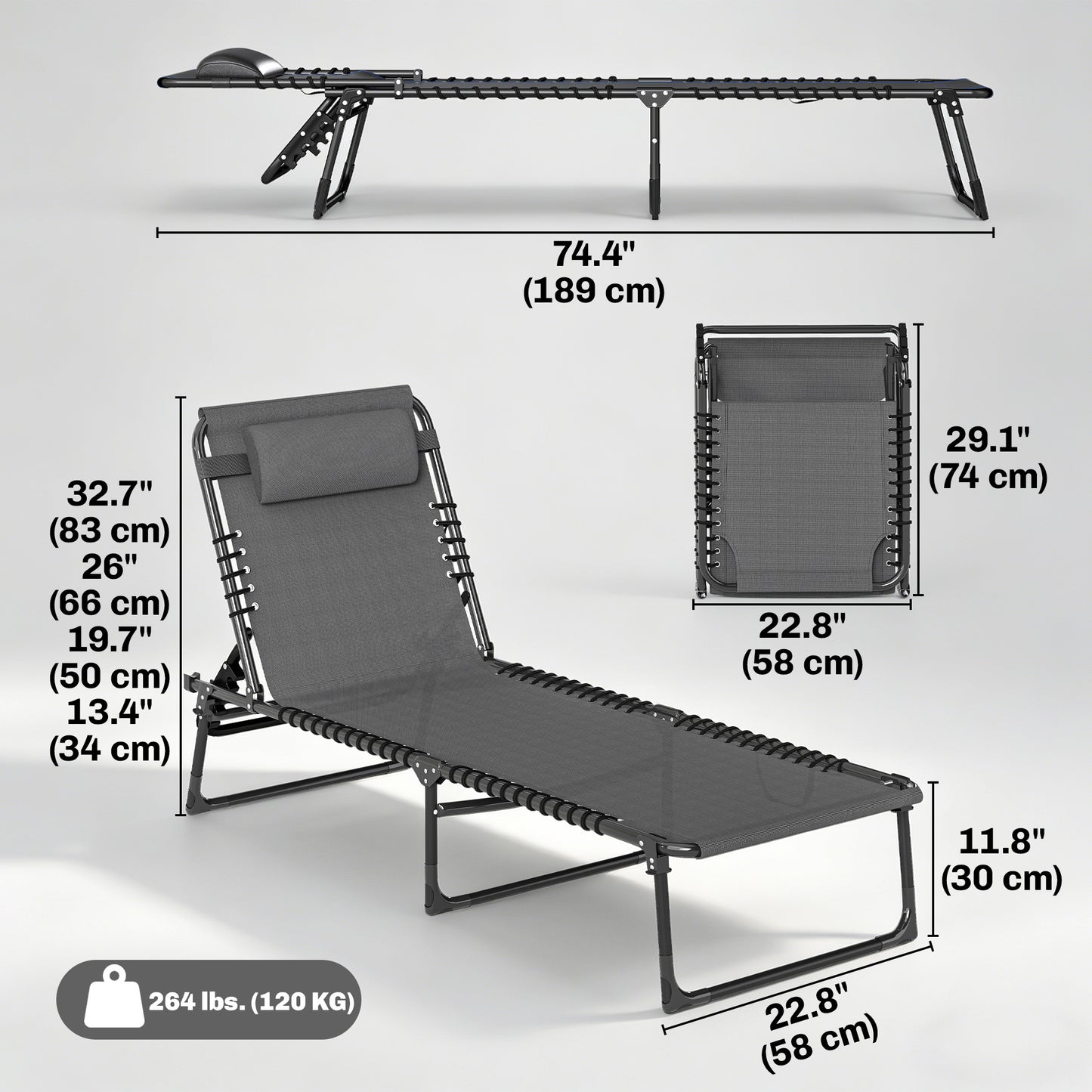 2 PCs Folding Lounge Chairs, Adjustable Chaise Lounges with Headrest, Reclining Lounger Cot for Camping, Hiking, Grey