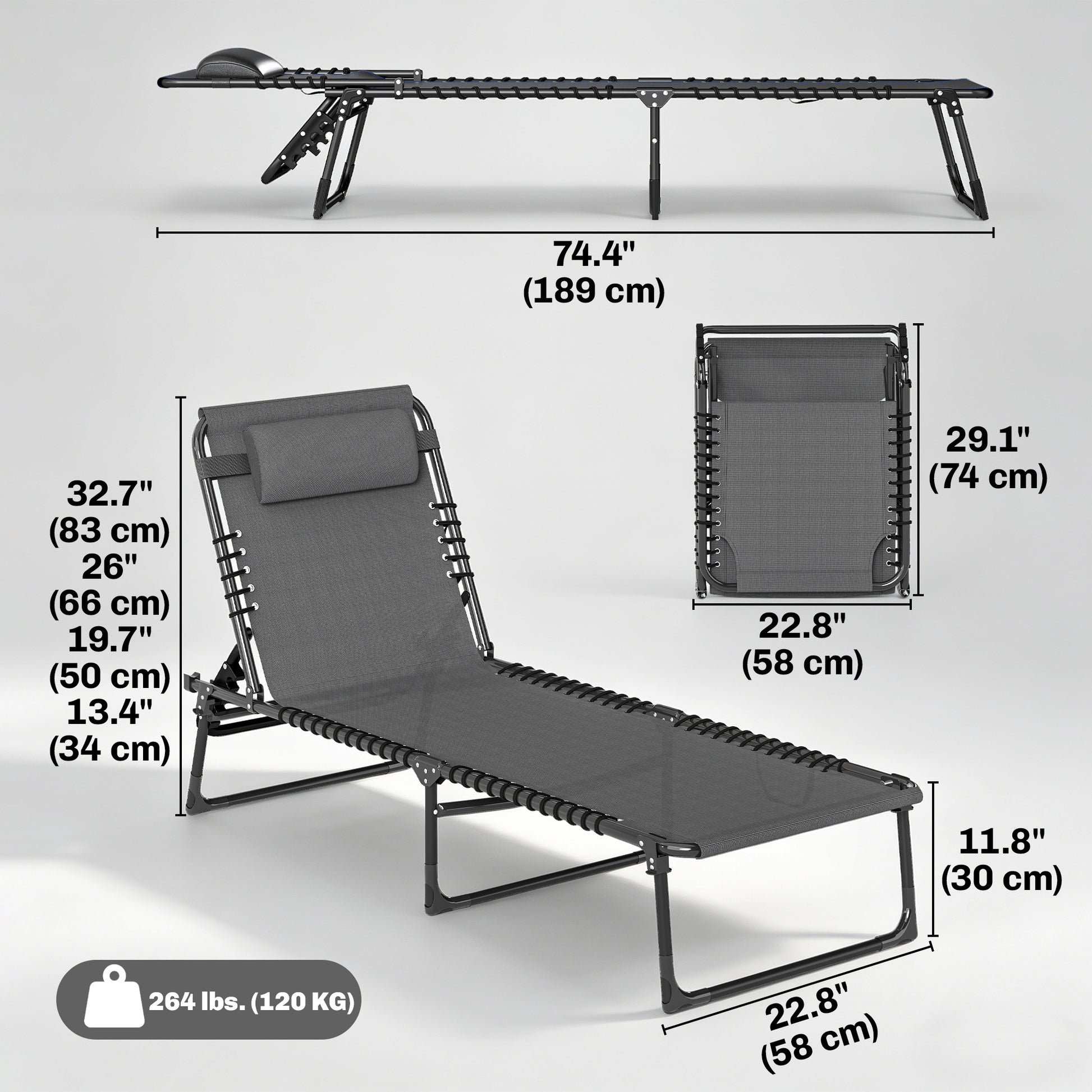 2 PCs Folding Lounge Chairs, Adjustable Chaise Lounges with Headrest, Reclining Lounger Cot for Camping, Hiking, Grey