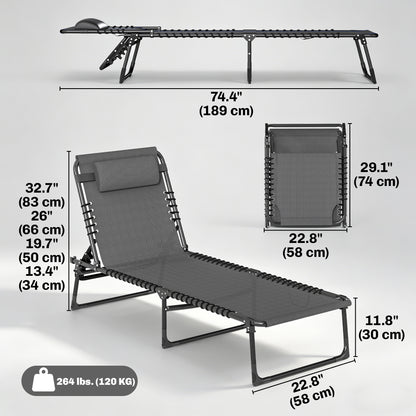 2 PCs Folding Lounge Chairs, Adjustable Chaise Lounges with Headrest, Reclining Lounger Cot for Camping, Hiking, Grey