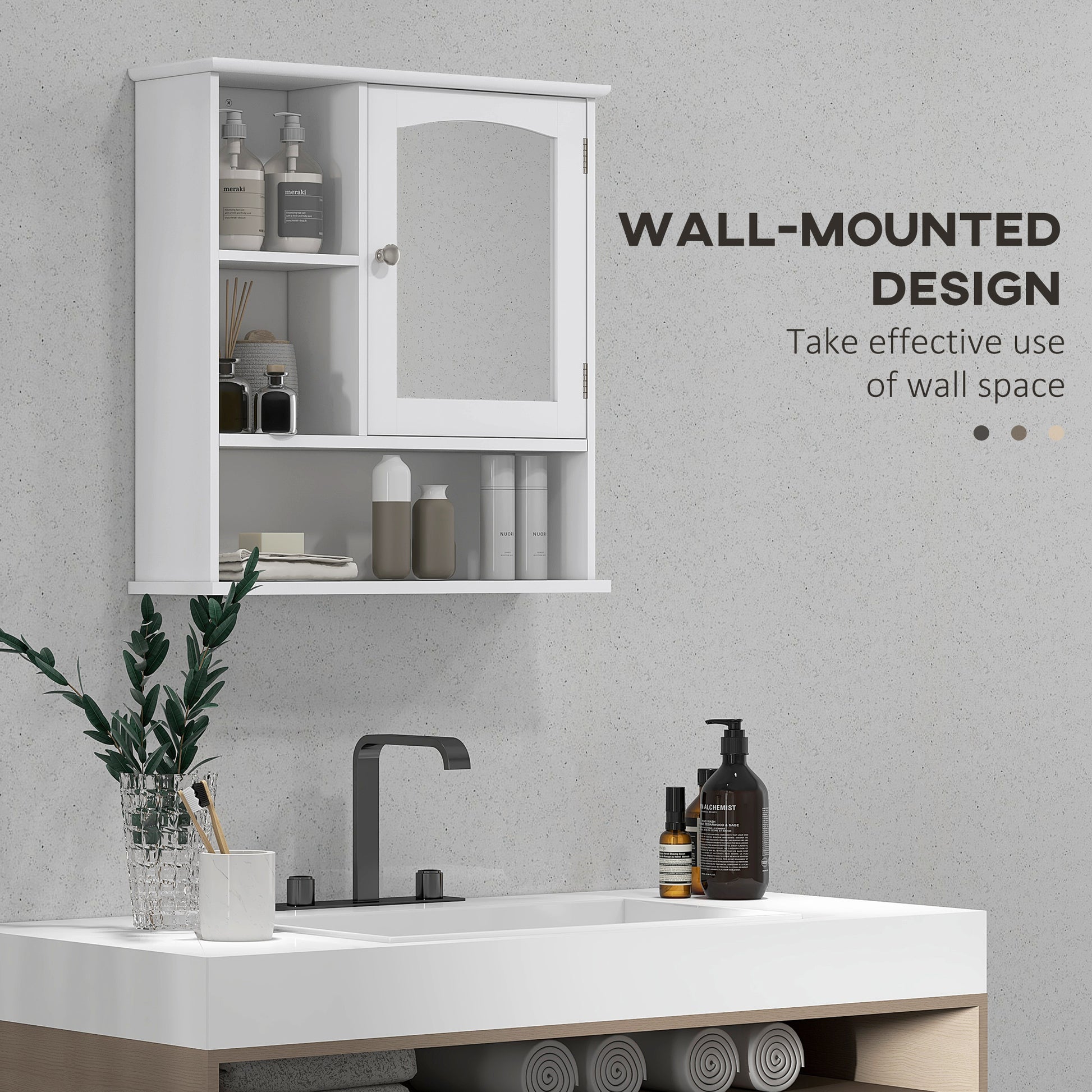 Wall-Mounted Medicine Cabinet, Bathroom Mirror Cabinet with Doors and Storage Shelves, White