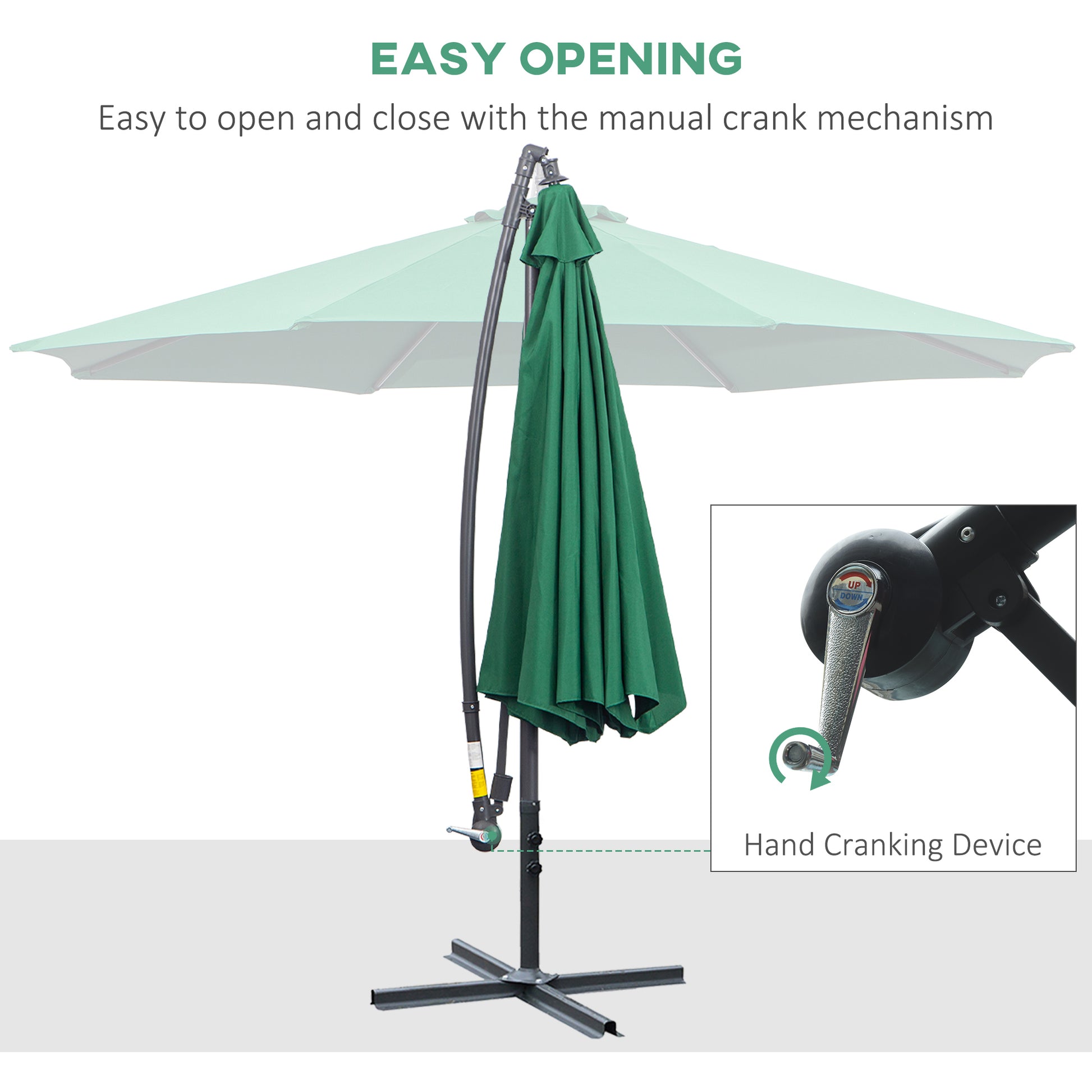 10' Deluxe Patio Umbrella, Outdoor Market Parasol, Banana Hanging Offset Sunshade with Crank, Cross Base, Dark Green