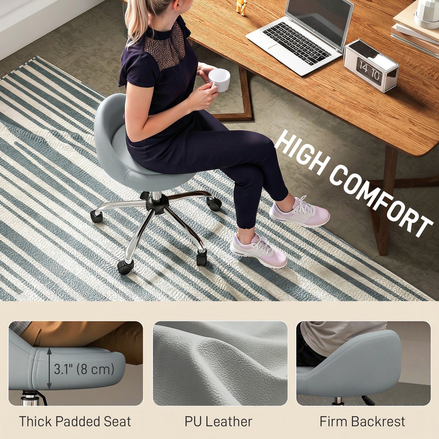 Salon Stool, Adjustable Rolling Stool, Grey