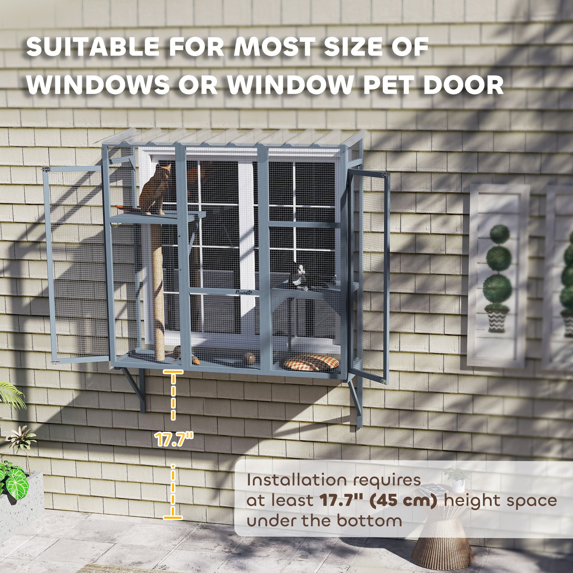 Wooden Catio Outdoor, Cat Window Box Enclosure for 2-3 Large Cats with 2 Jumping Platforms & Scratching Post, Grey