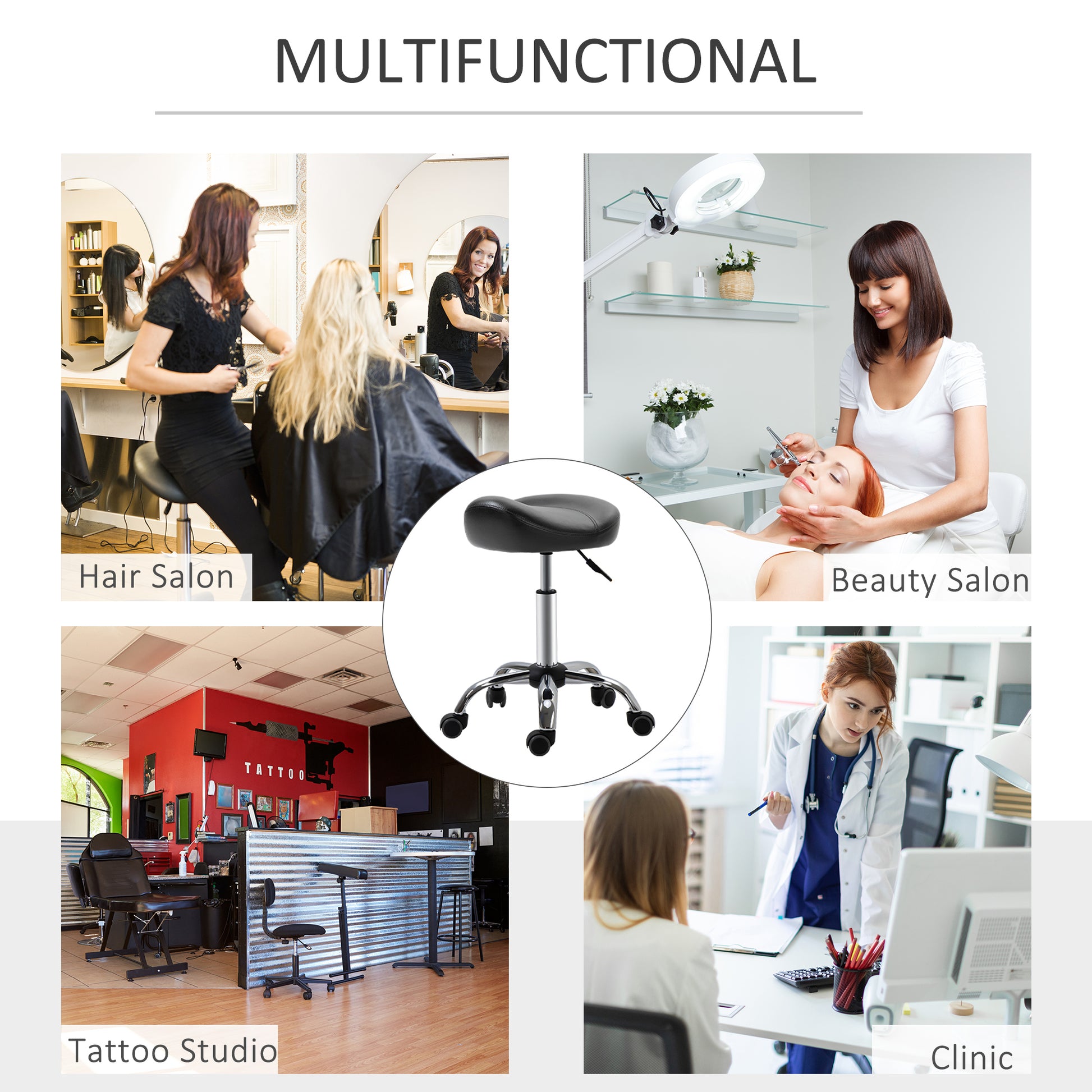 Saddle Stool, Height Adjustable Rolling Salon Chair with PU Leather for Massage, Spa, Clinic, Beauty and Tattoo, Black