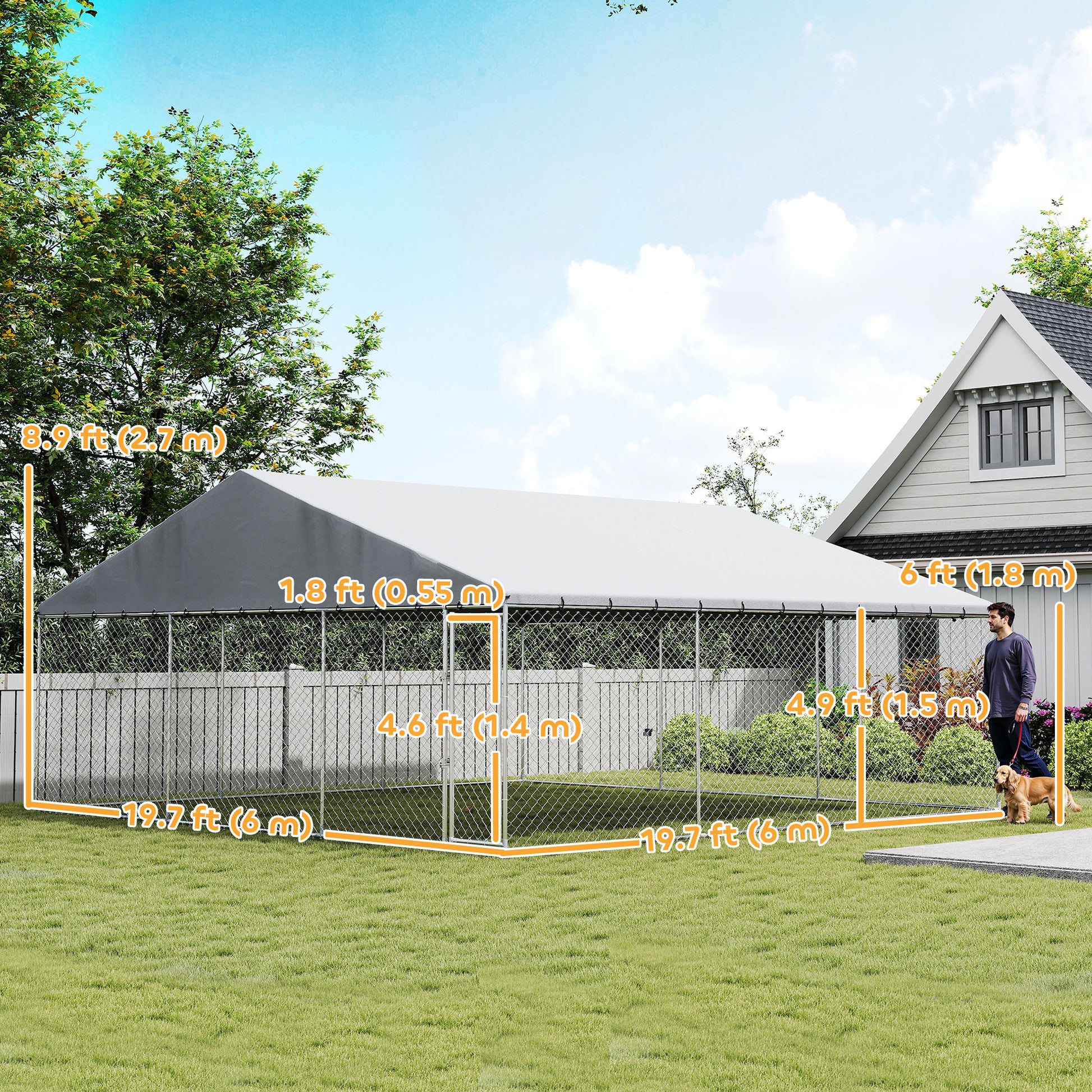Heavy Duty Outdoor Dog Kennel with Waterproof Roof, Secure Latch, Chain Link Dog Run for Backyard, 19.7' x 19.7' x 8.9'