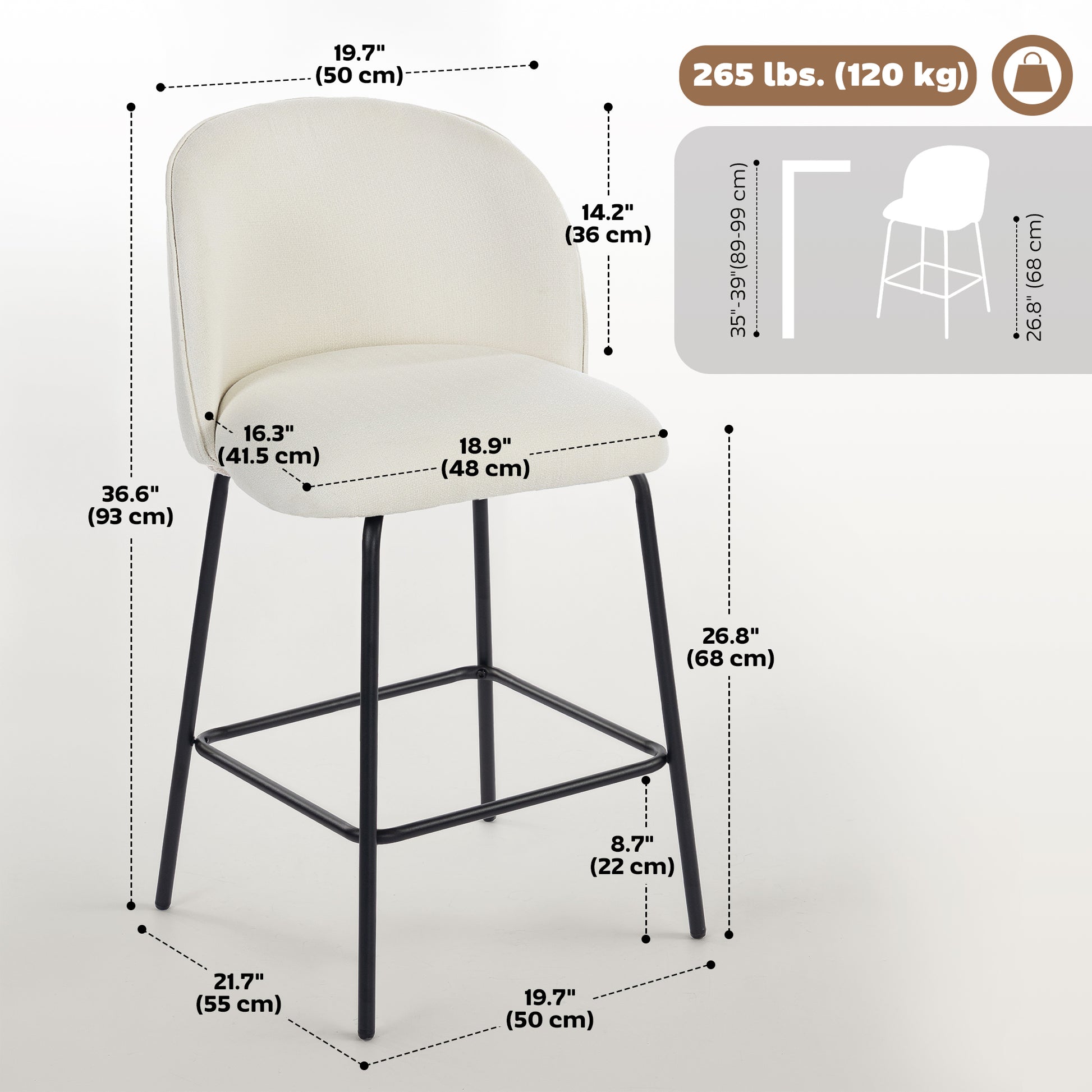 Set of 2 Counter Height Barstools, Upholstered Linen Bar Stools with Backrest, Footrest and Steel Legs, Cream White