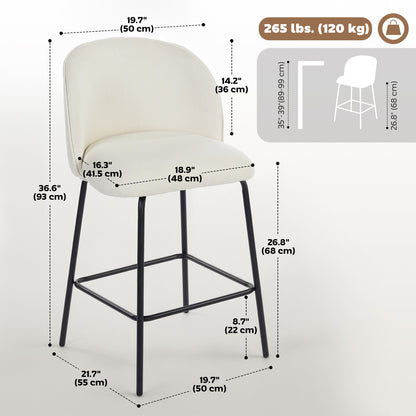 Set of 2 Counter Height Barstools, Upholstered Linen Bar Stools with Backrest, Footrest and Steel Legs, Cream White