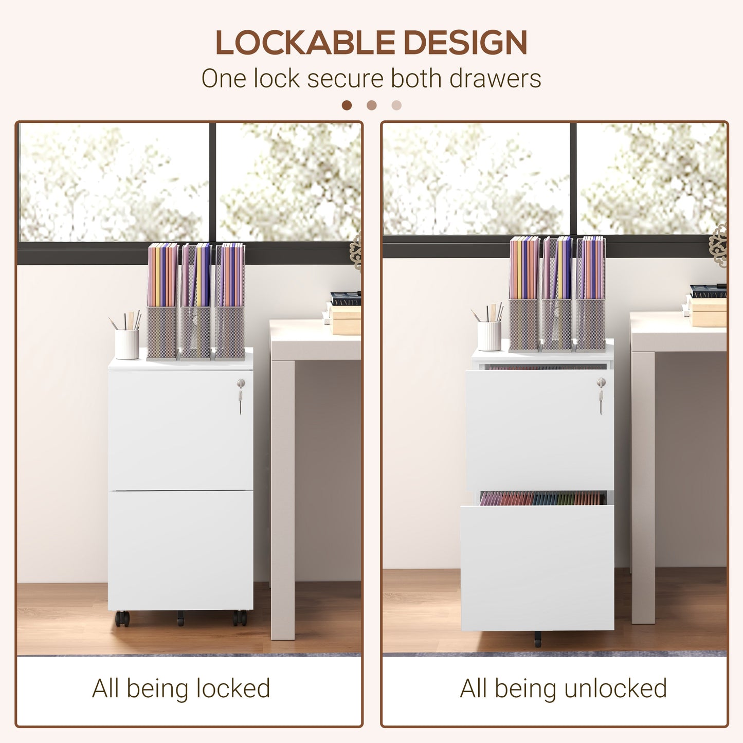 Vertical Steel Filing Cabinet on Wheels, 2-Drawer Lockable File Cabinet with Adjustable Hanging Bar for A4, Legal and Letter Size, White