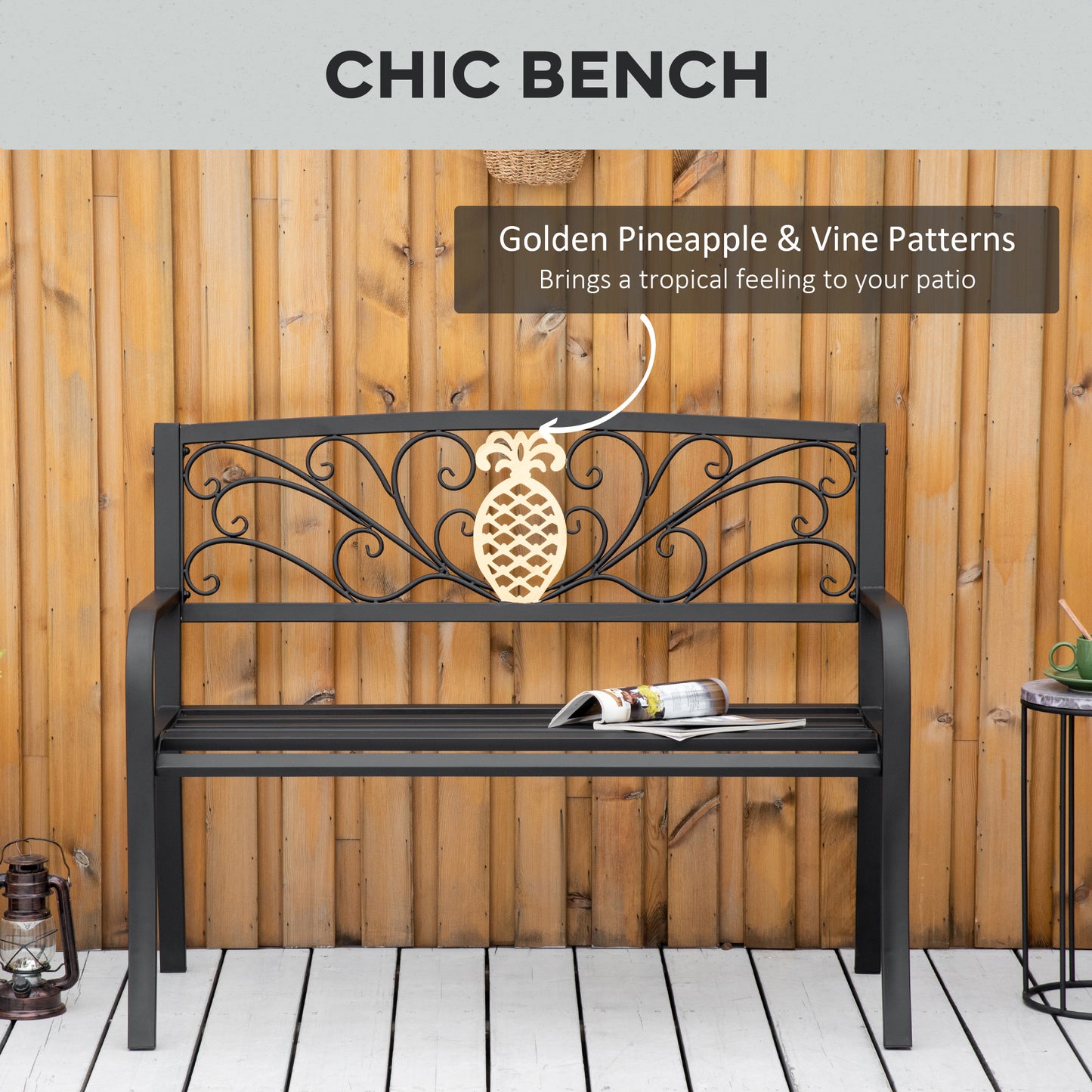 2 Seater Garden Bench 45" x 21.75" x 35.5" Steel Frame Loveseat for Yard, Lawn, Porch, Patio, Black and Gold