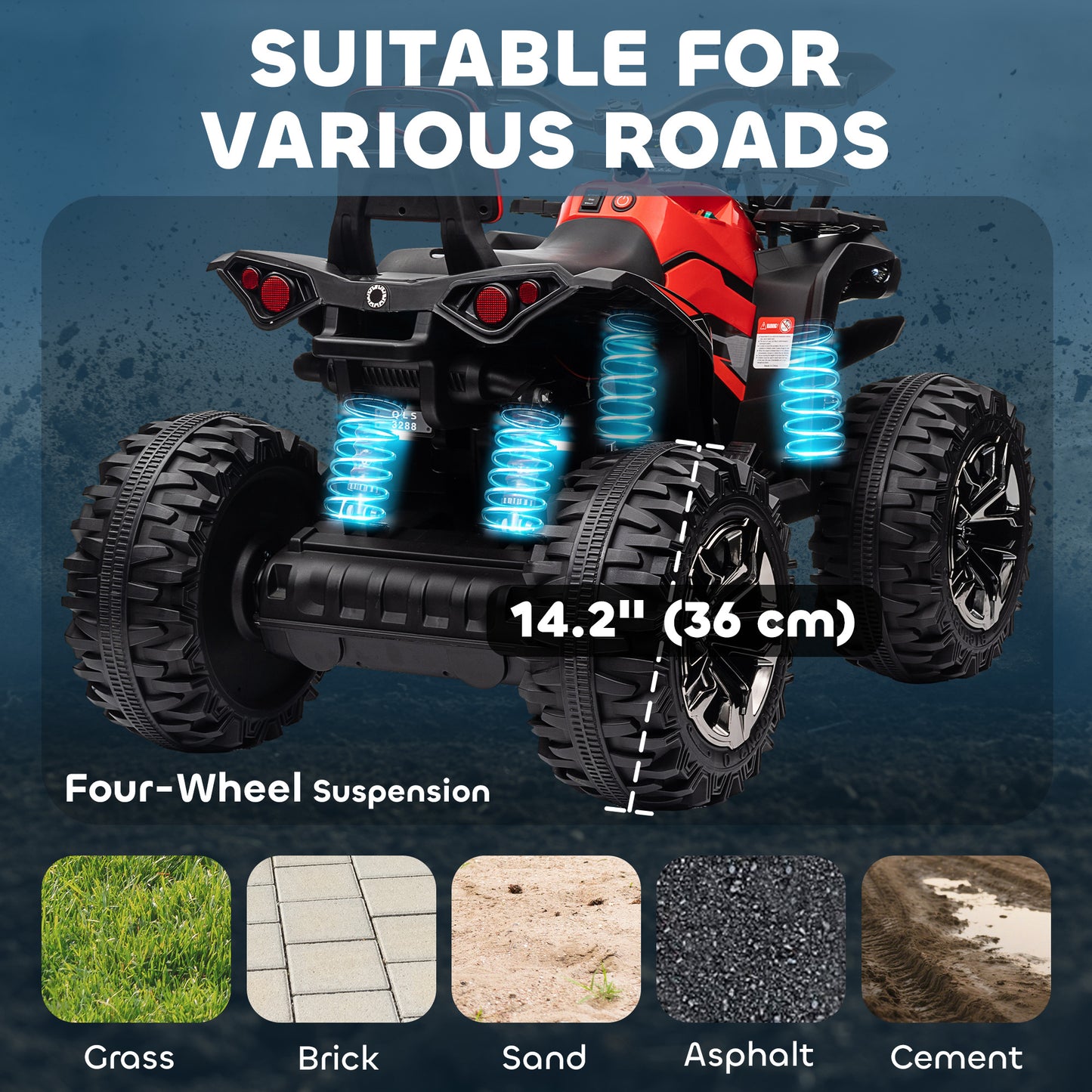 Aosom Kids Ride-on Car, 12V/10AH Four Wheeler Kids ATV, Battery Powered Off-Road Quad with MP3, Headlights, Suspension, 1.8-5 mph, Red