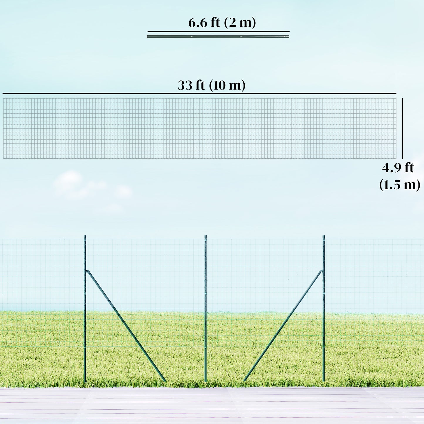 Garden Fence Barrier, Welded Fence Roll, Includes Posts & Support Braces, Green Plastic-Coated Steel