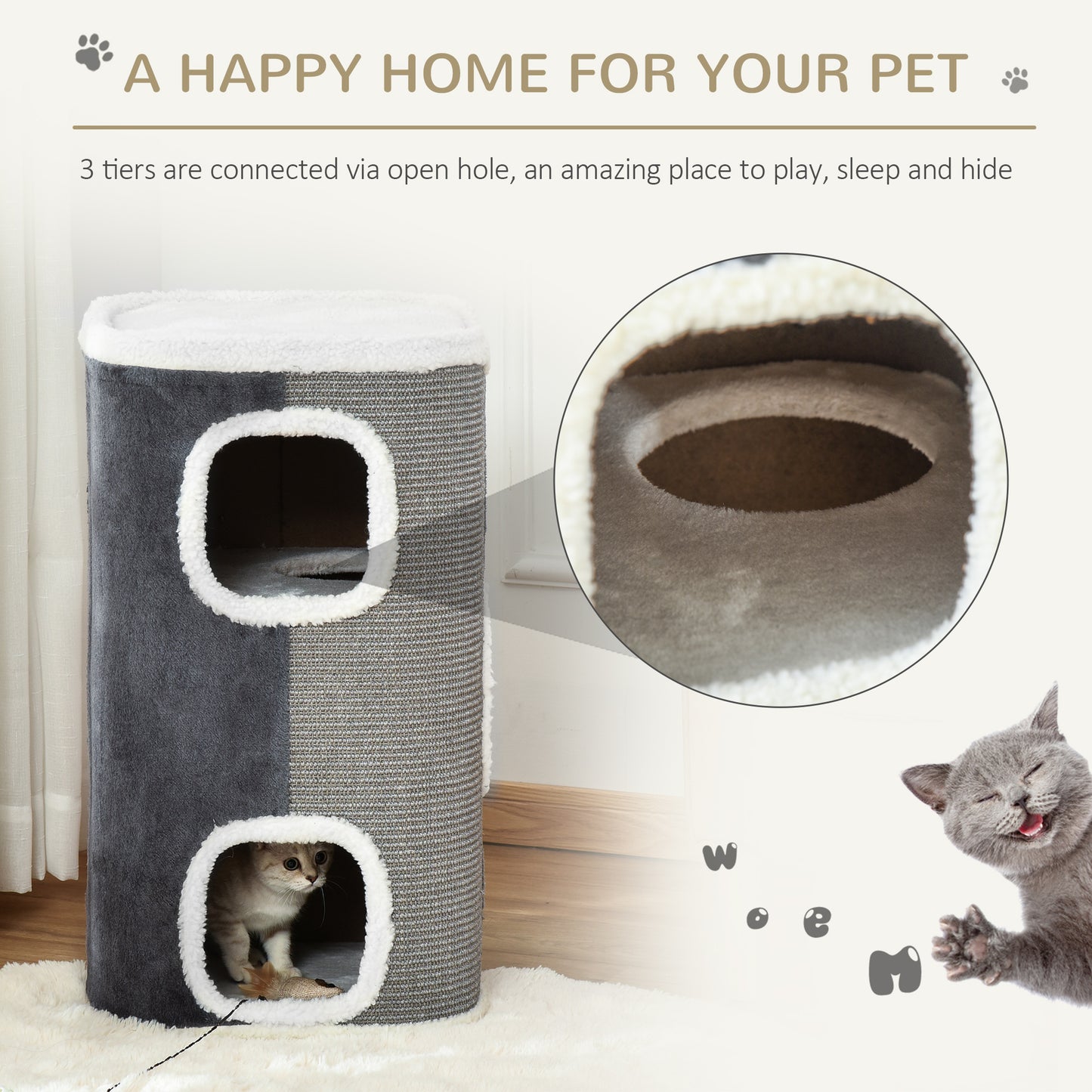 4-Story Cat House for Indoor, Cat Condo with Sisal Scratching Surface, Removable Cushion, 16" x 16" x 29", Grey