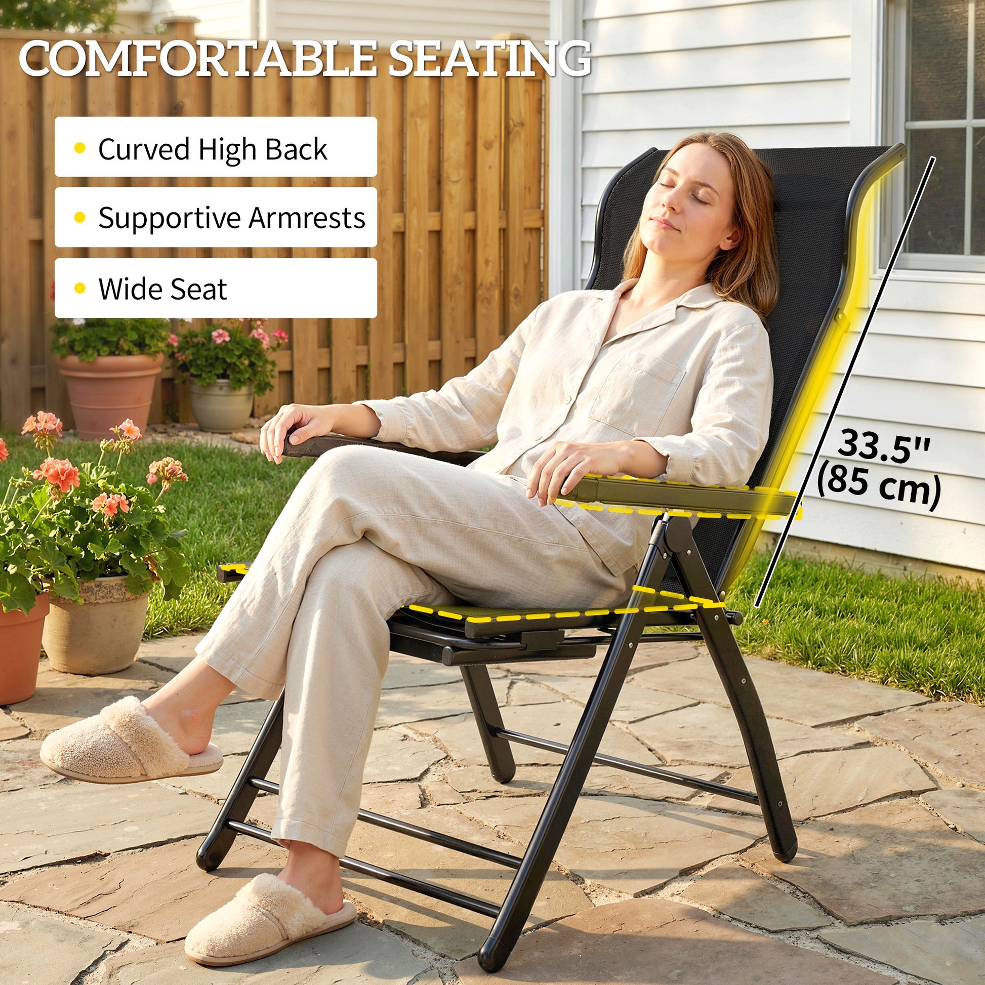 Folding Patio Chairs Set of 2, 5-Position Outdoor Lounge Chairs with High Back, Retractable Footrest, Black