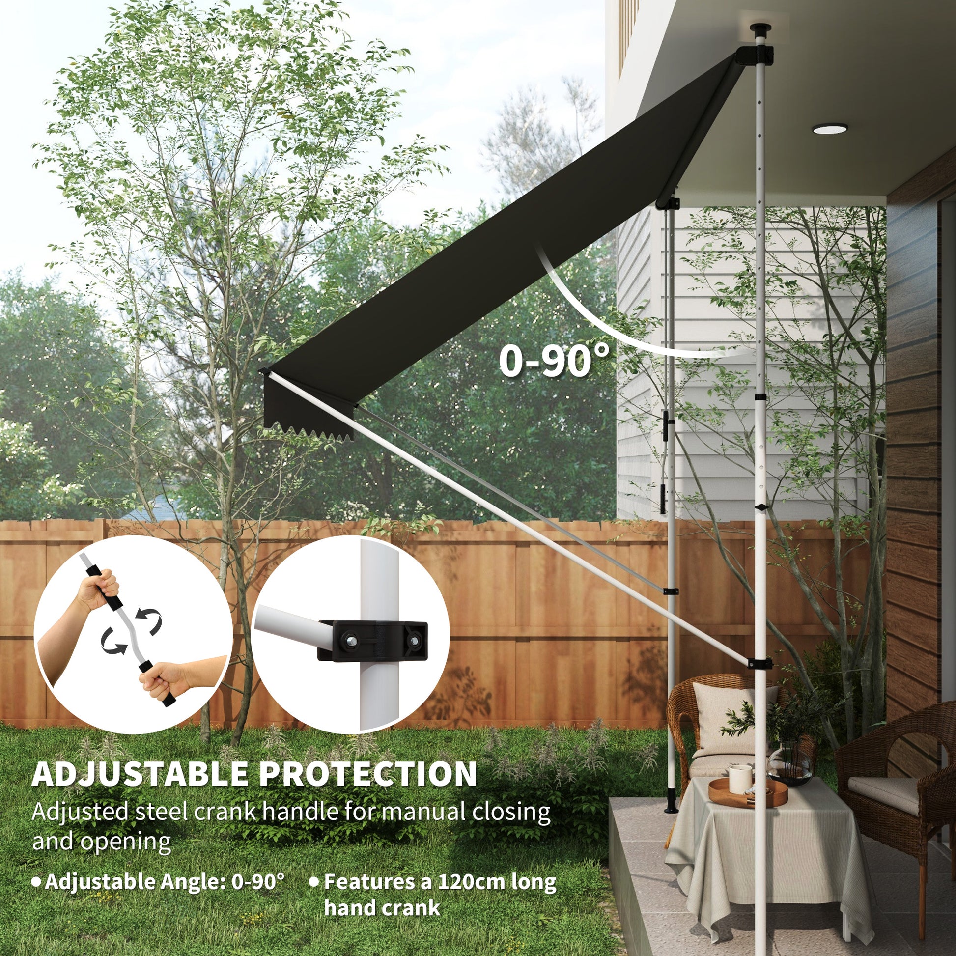 10x5ft Manual Retractable Awning, Patio Sun Shade Canopy Shelter with 5.6-9.2ft Support Pole, Water Resistant UV Protector, for Window, Door, Porch, Deck, Grey