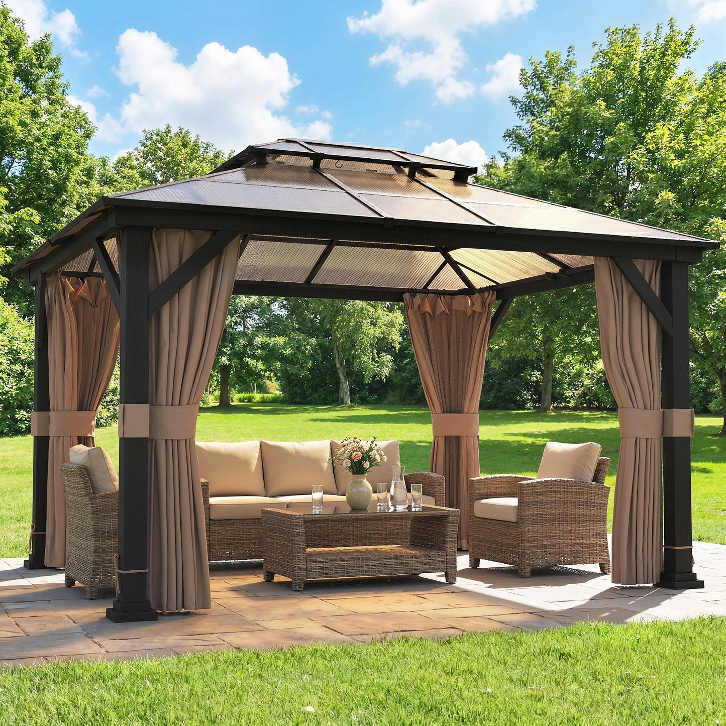 10' x 12' Hardtop Gazebo Canopy with Double PC Roof, Steel Permanent Outdoor Gazebo with Curtains and Netting, Khaki