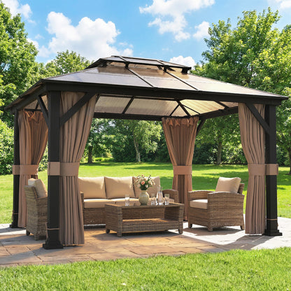 10' x 12' Hardtop Gazebo Canopy with Double PC Roof, Steel Permanent Outdoor Gazebo with Curtains and Netting, Khaki