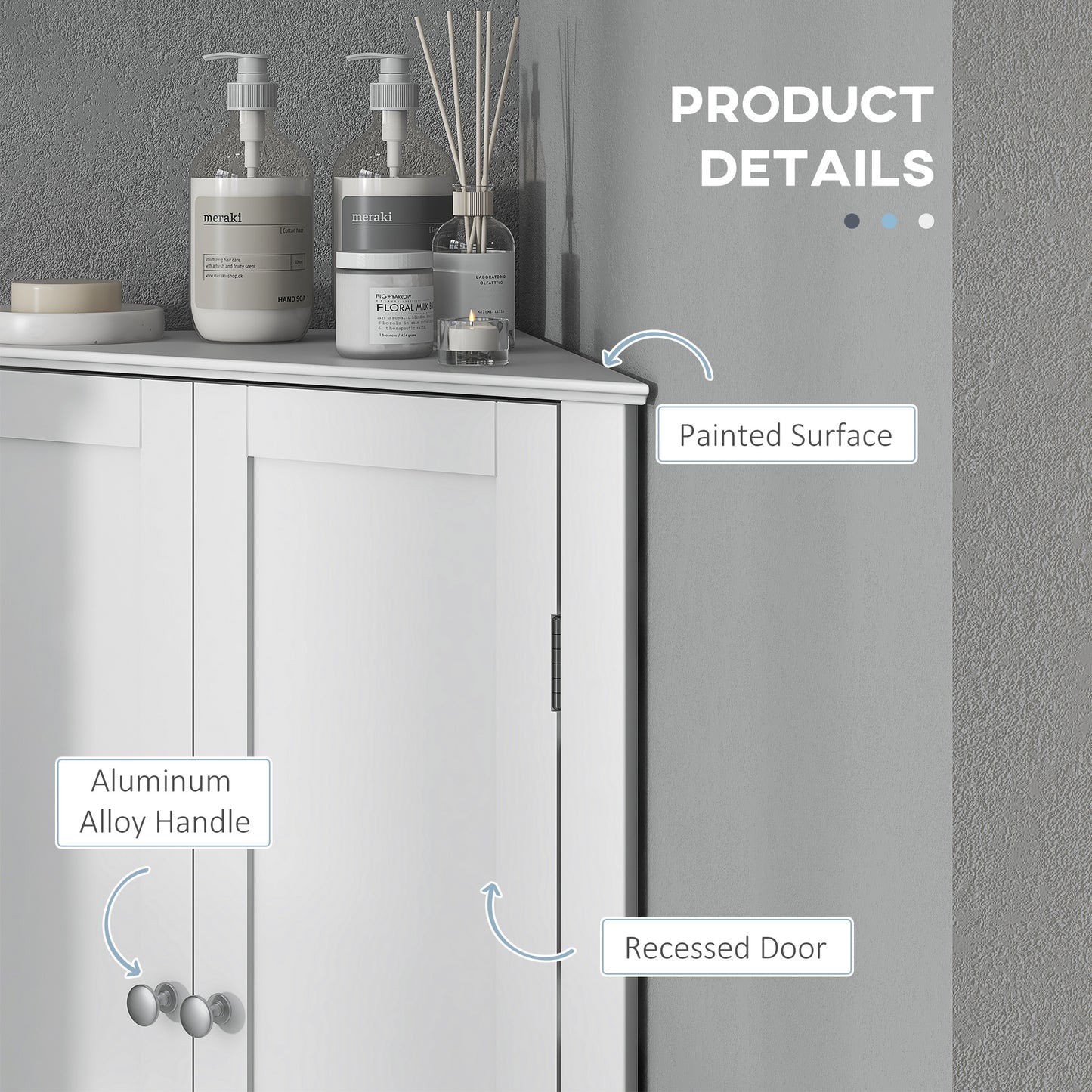Modern Bathroom Storage Cabinet, Corner Cabinet with Doors, Bathroom Cabinet with Adjustable Shelf and Recessed Door, White