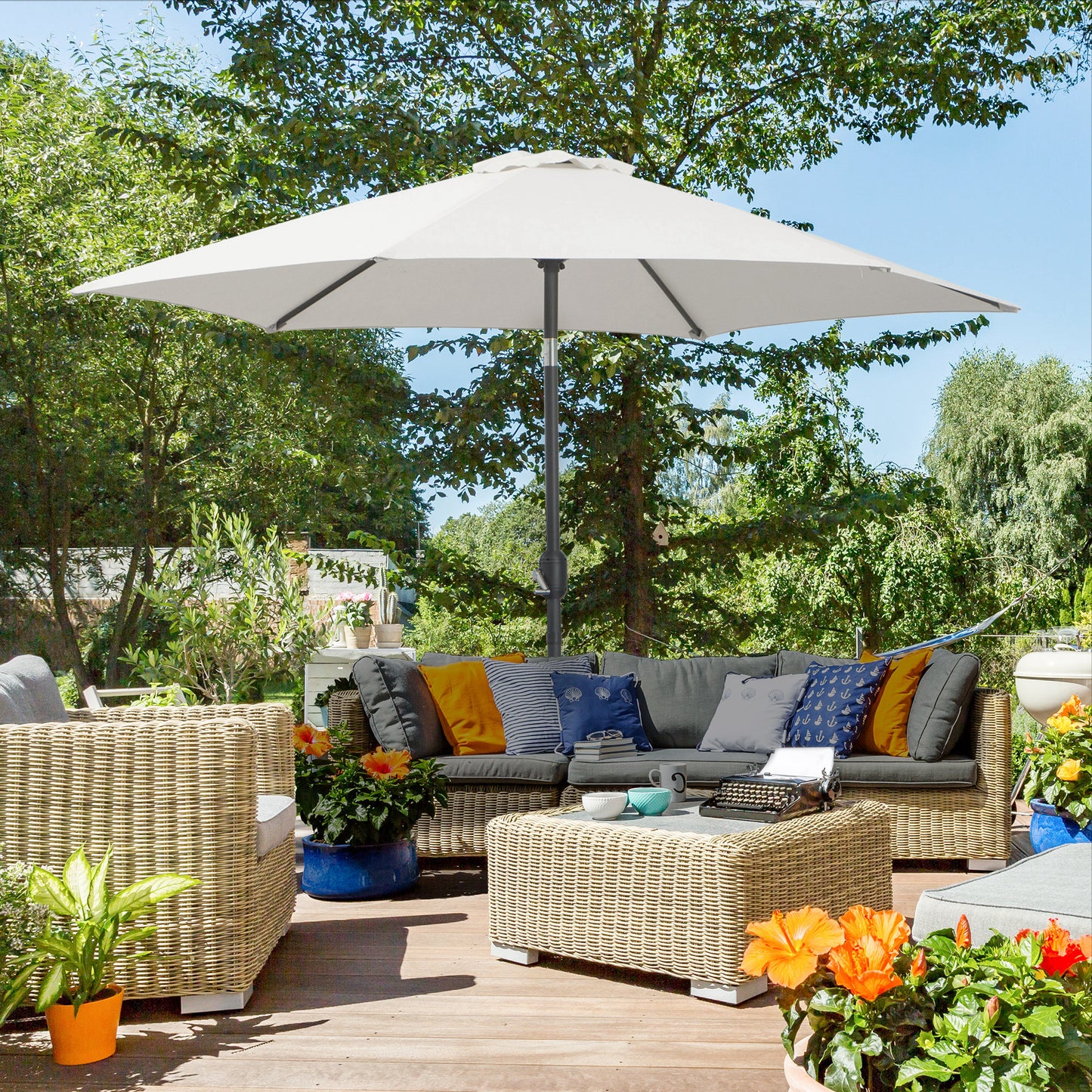 8.5' Round Aluminum Patio Umbrella 6 Ribs Market Sunshade Tilt Canopy w/ Crank Handle Garden Parasol White