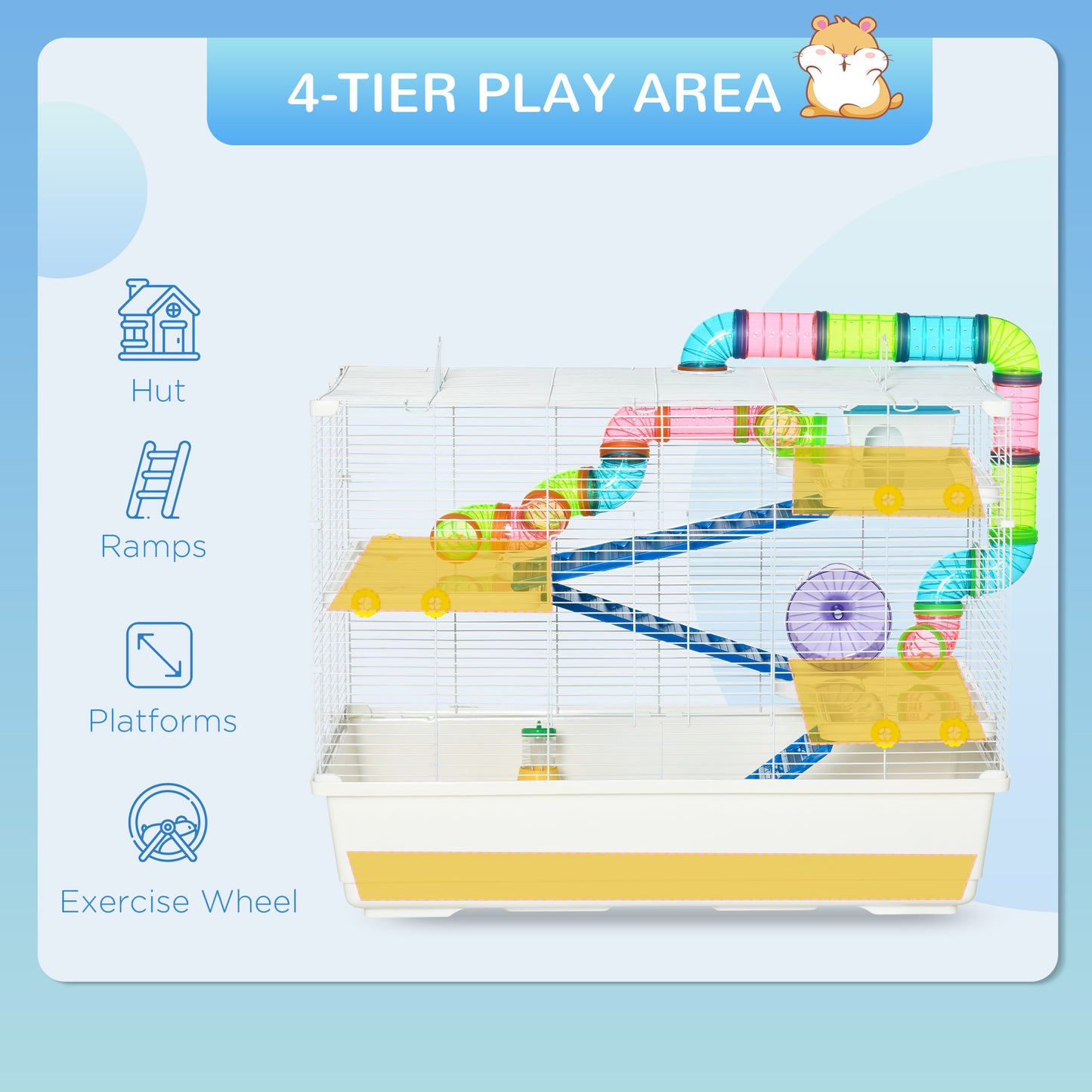 31" Large Hamster Cage, Small Animal House, Multi-storey Gerbil Haven, Tunnel Tube System, with Water Bottle, Exercise Wheel, Food Dish, Ramps, White