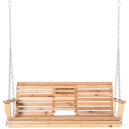 3 Seater Patio Swing Chair Wood Porch Swing with Foldable Table, Cup Holders, Steel Chains for Garden, Yard, Natural