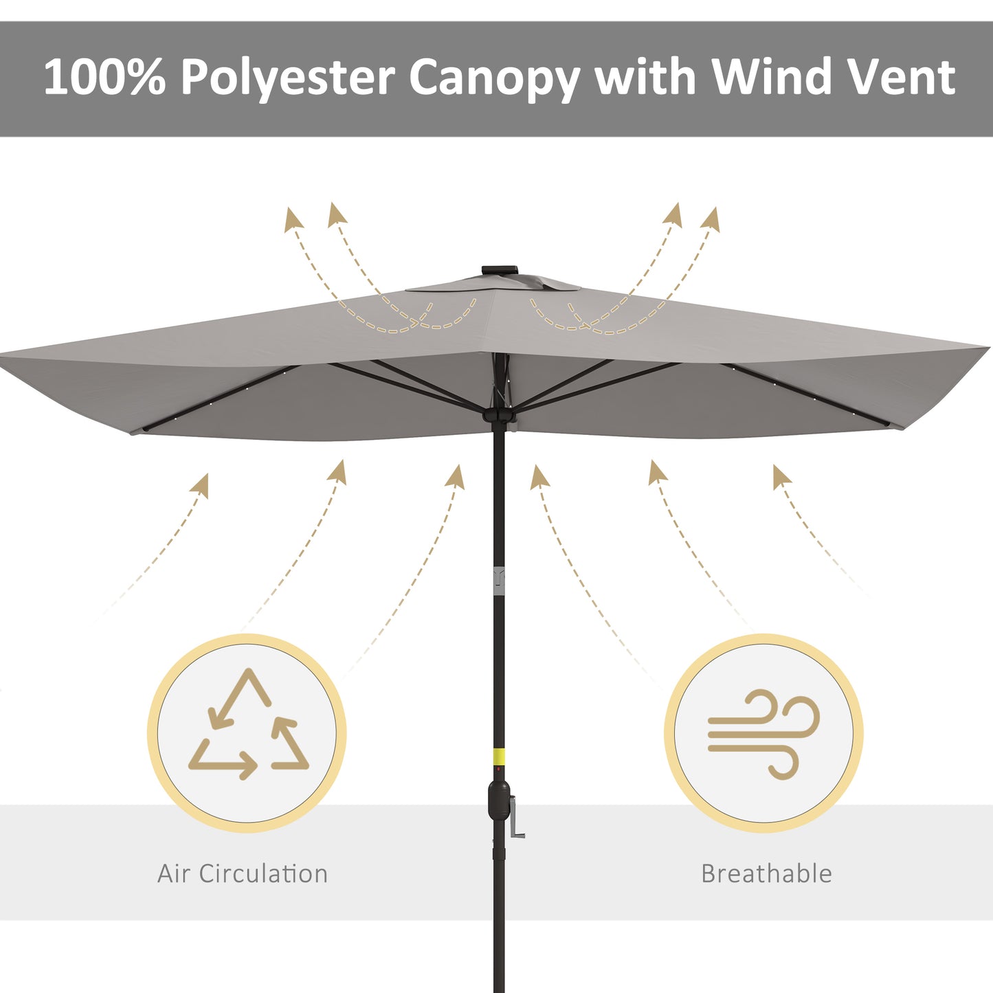 6.5x10ft Patio Umbrella Tilt Aluminum Outdoor Market Parasol with Solar Powered LEDs, Crank - Light Grey