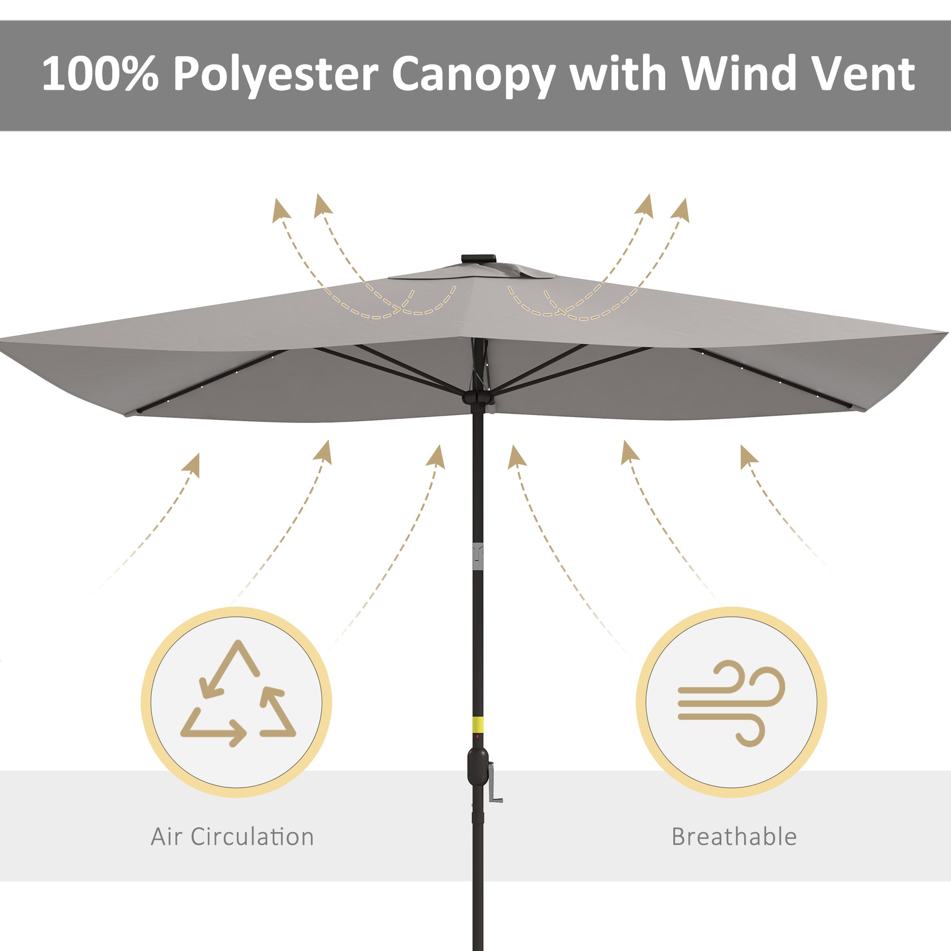 6.5x10ft Patio Umbrella Tilt Aluminum Outdoor Market Parasol with Solar Powered LEDs, Crank - Light Grey
