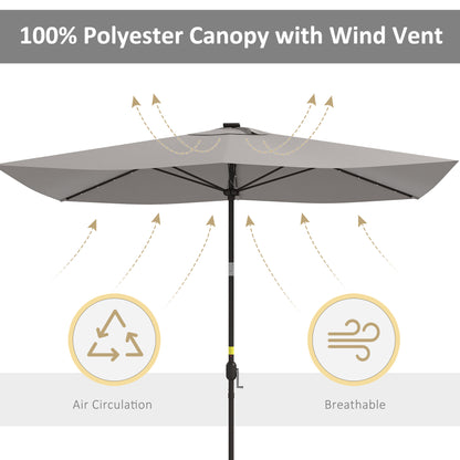 6.5x10ft Patio Umbrella Tilt Aluminum Outdoor Market Parasol with Solar Powered LEDs, Crank - Light Grey