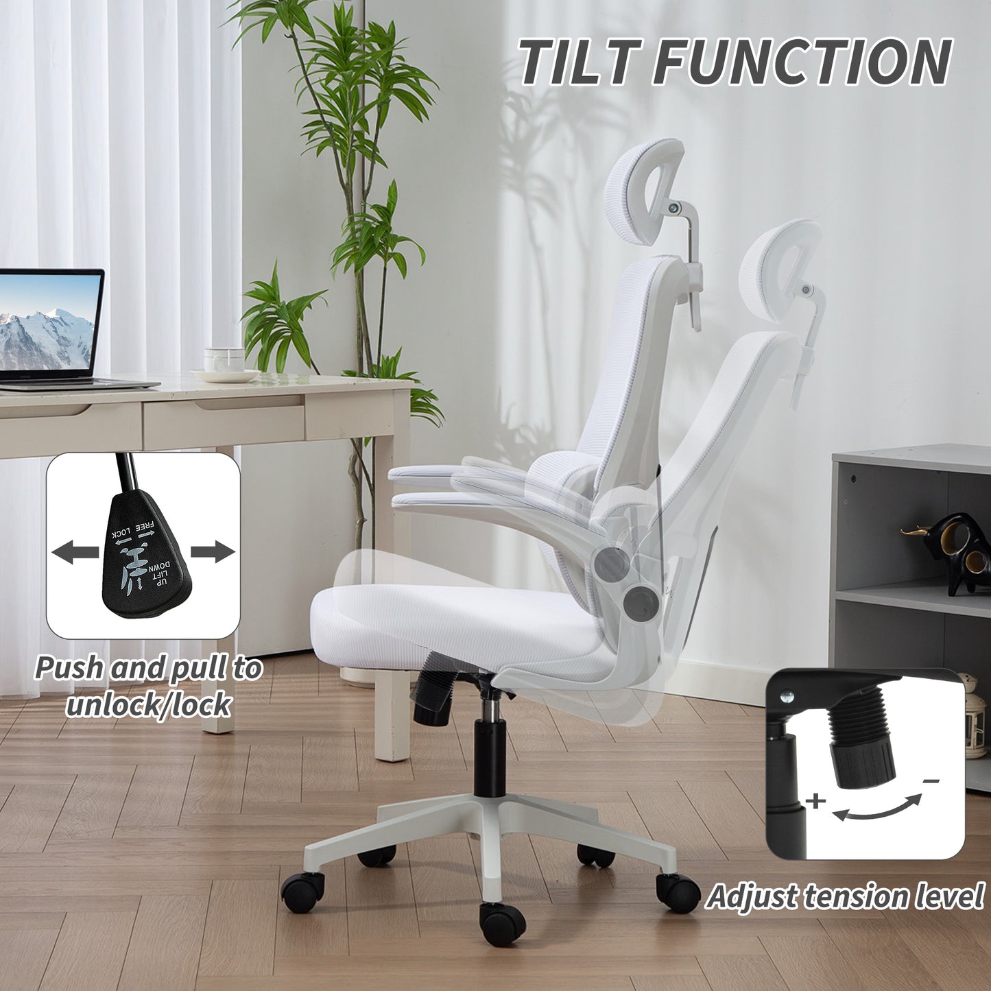 High Back Office Chair, Mesh Computer Chair with Rotatable Headrest, Lumbar Back Support, Adjustable Height, Cream White