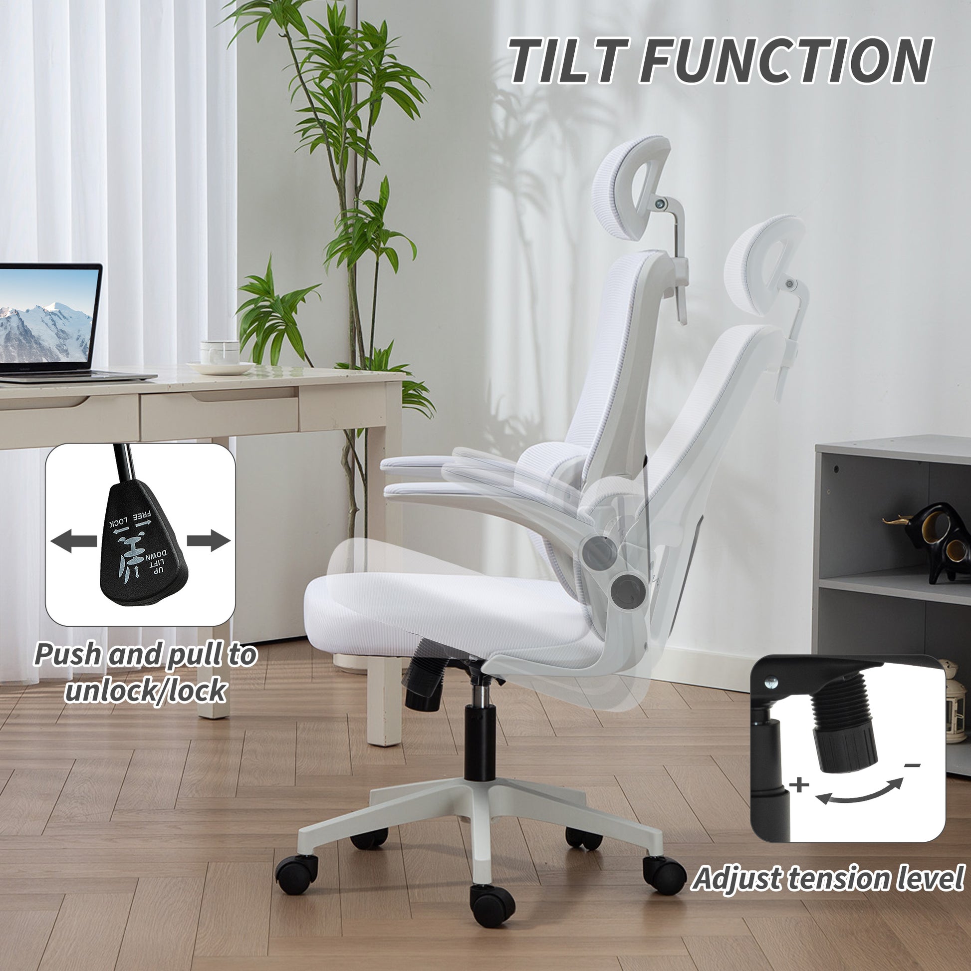 High Back Office Chair, Mesh Computer Chair with Rotatable Headrest, Lumbar Back Support, Adjustable Height, Cream White
