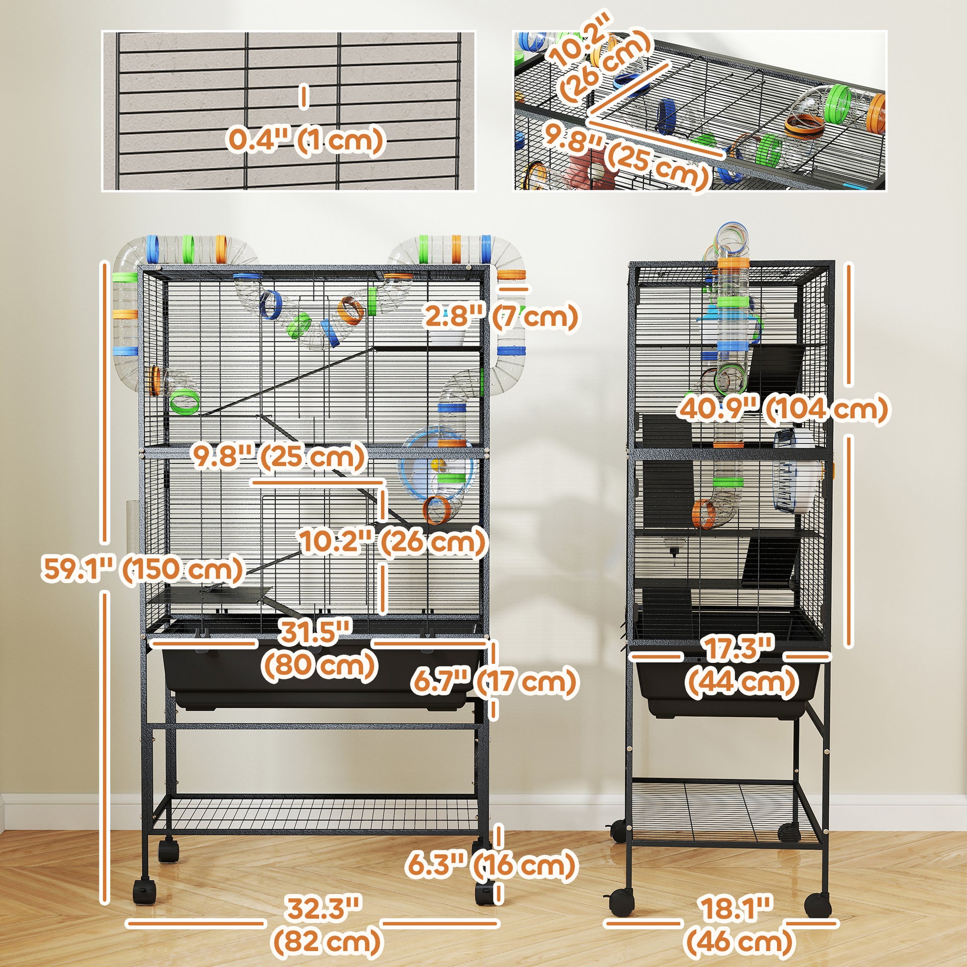 5 Tier Rolling Hamster Cage with 7" Deep Tray, Storage Shelf, Big Exercise Wheel, Tube System, for Syrian, Gerbil, Rat