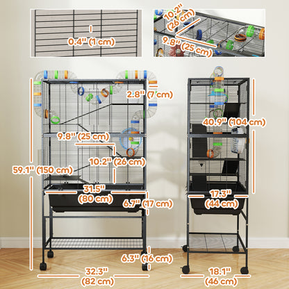 5 Tier Rolling Hamster Cage with 7" Deep Tray, Storage Shelf, Big Exercise Wheel, Tube System, for Syrian, Gerbil, Rat