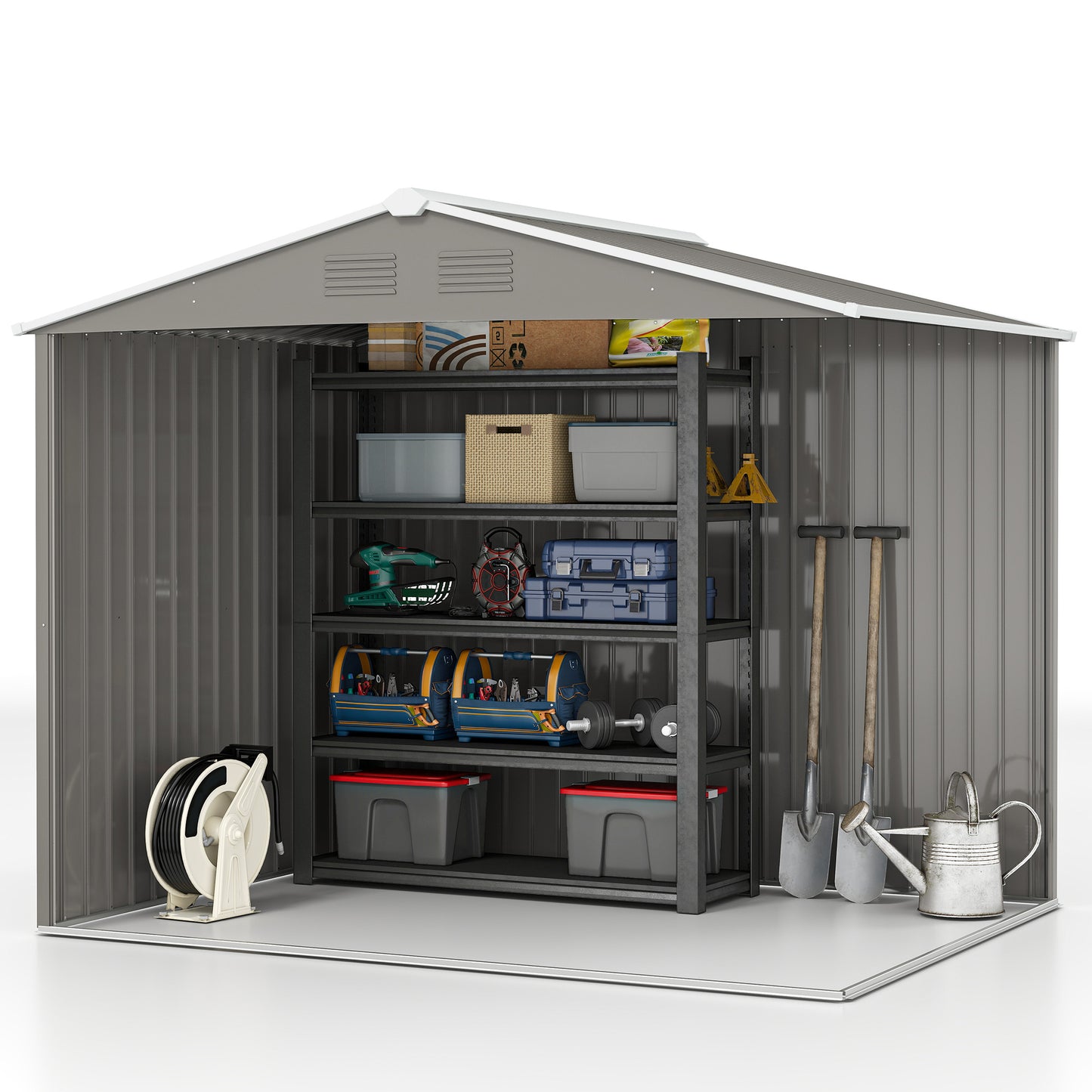 8' x 6' Outdoor Storage Shed, Metal Garden Tool Storage House with Lockable Sliding Doors and Vents for Backyard Patio Lawn, Light Grey