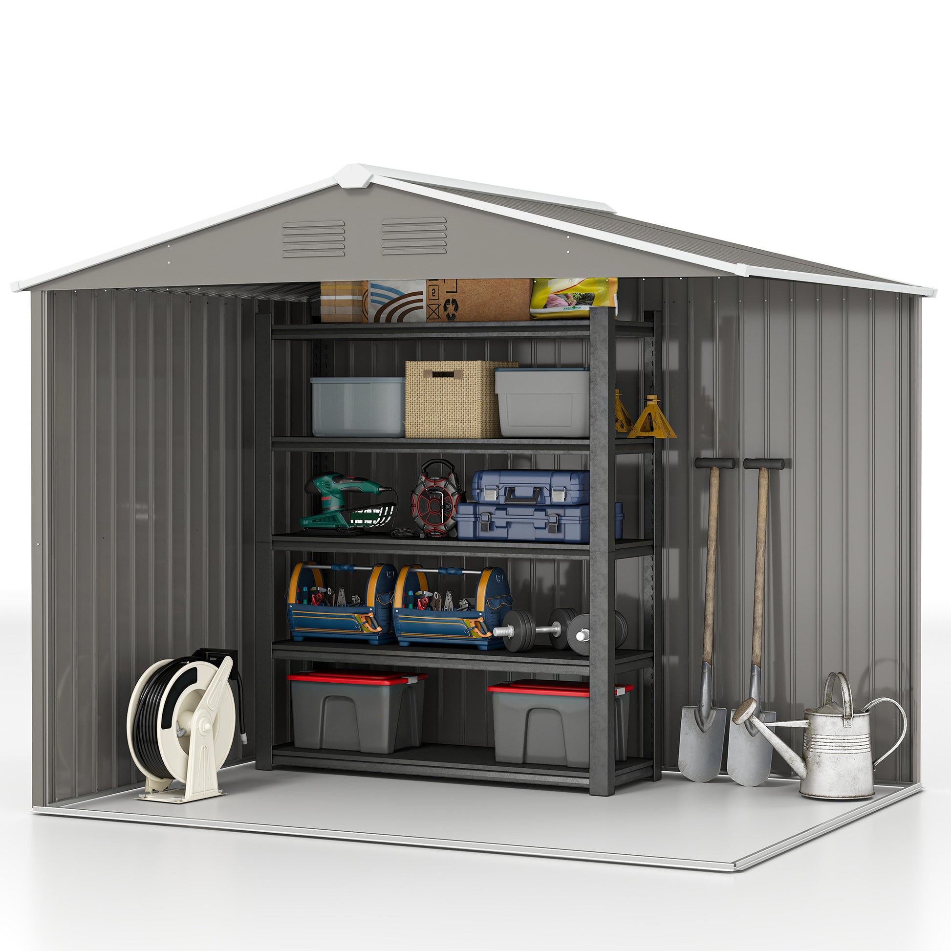 8' x 6' Outdoor Storage Shed, Metal Garden Tool Storage House with Lockable Sliding Doors and Vents for Backyard Patio Lawn, Light Grey
