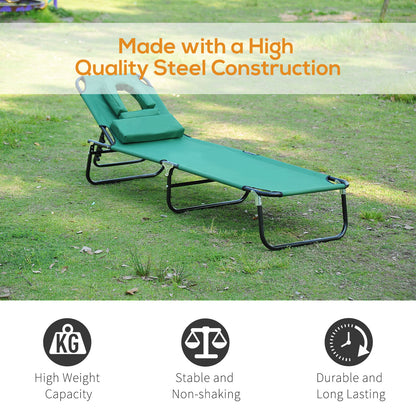 Folding Outdoor Lounge Chair, Portable Reclining Beach Lounger with Face Hole, Detachable Pillow, 3-Position Adjustable Backrest, For Patio, Garden, Poolside, Green