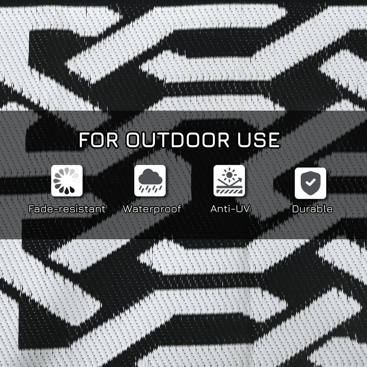 Reversible Outdoor Rug Waterproof Plastic Straw RV Rug with Carry Bag, 9' x 18', Black and White Chain