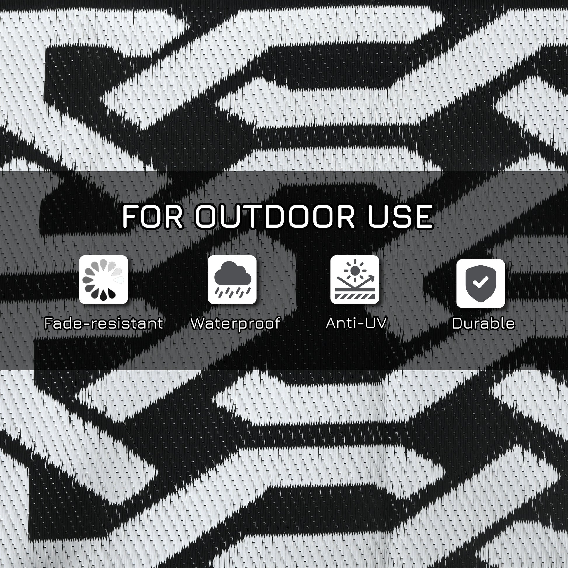 Reversible Outdoor Rug Waterproof Plastic Straw RV Rug with Carry Bag, 9' x 18', Black and White Chain