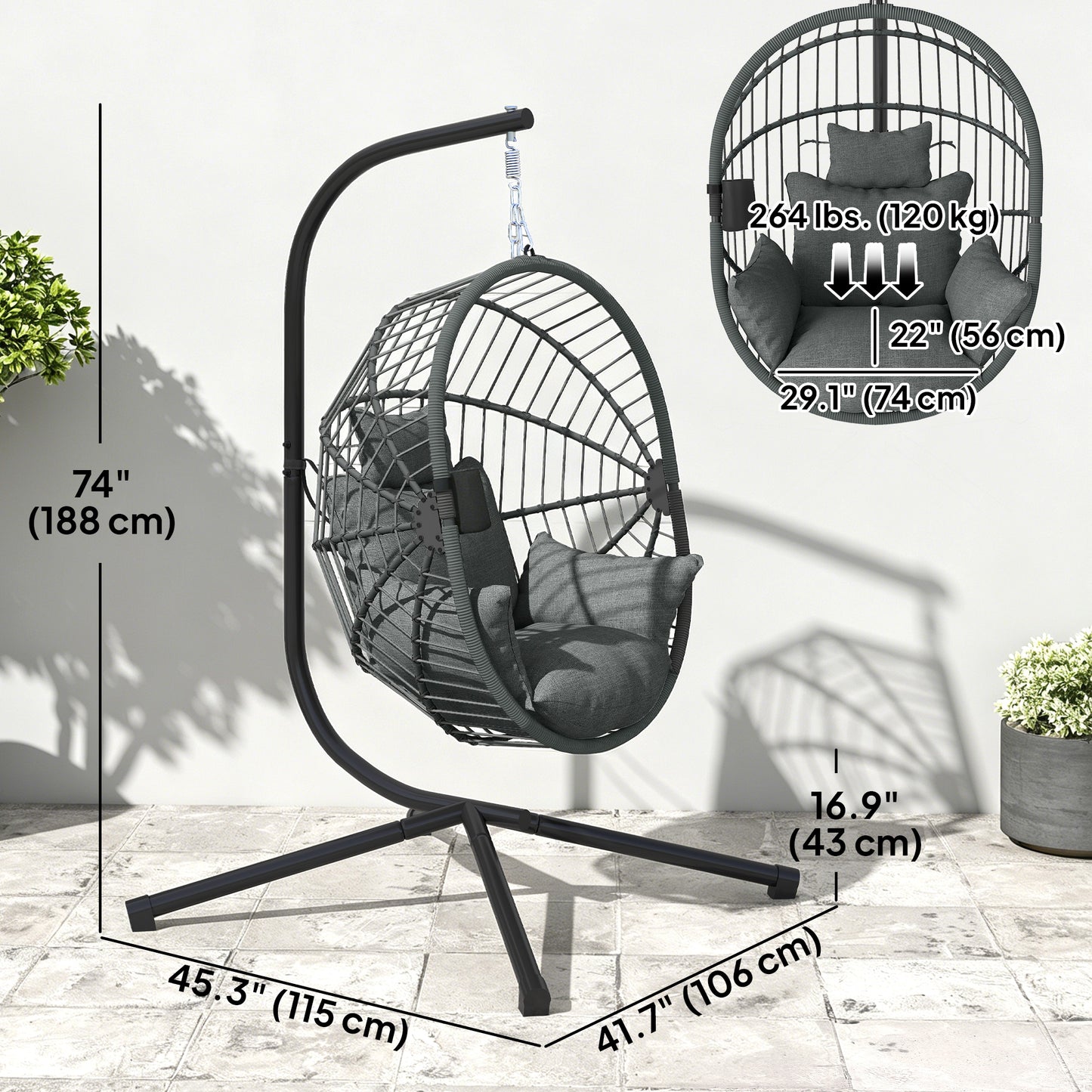 Metal Stand Hanging Egg Chair, with Full Body Padded Seat - Grey