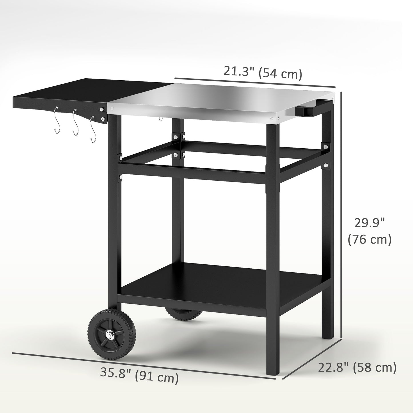 Outdoor Grill Dining Cart with Stainless Steel Top and Foldable Side Table, BBQ Movable Pizza Oven Stand Food Prep Table Trolley with Hooks Shelf Cover, Black