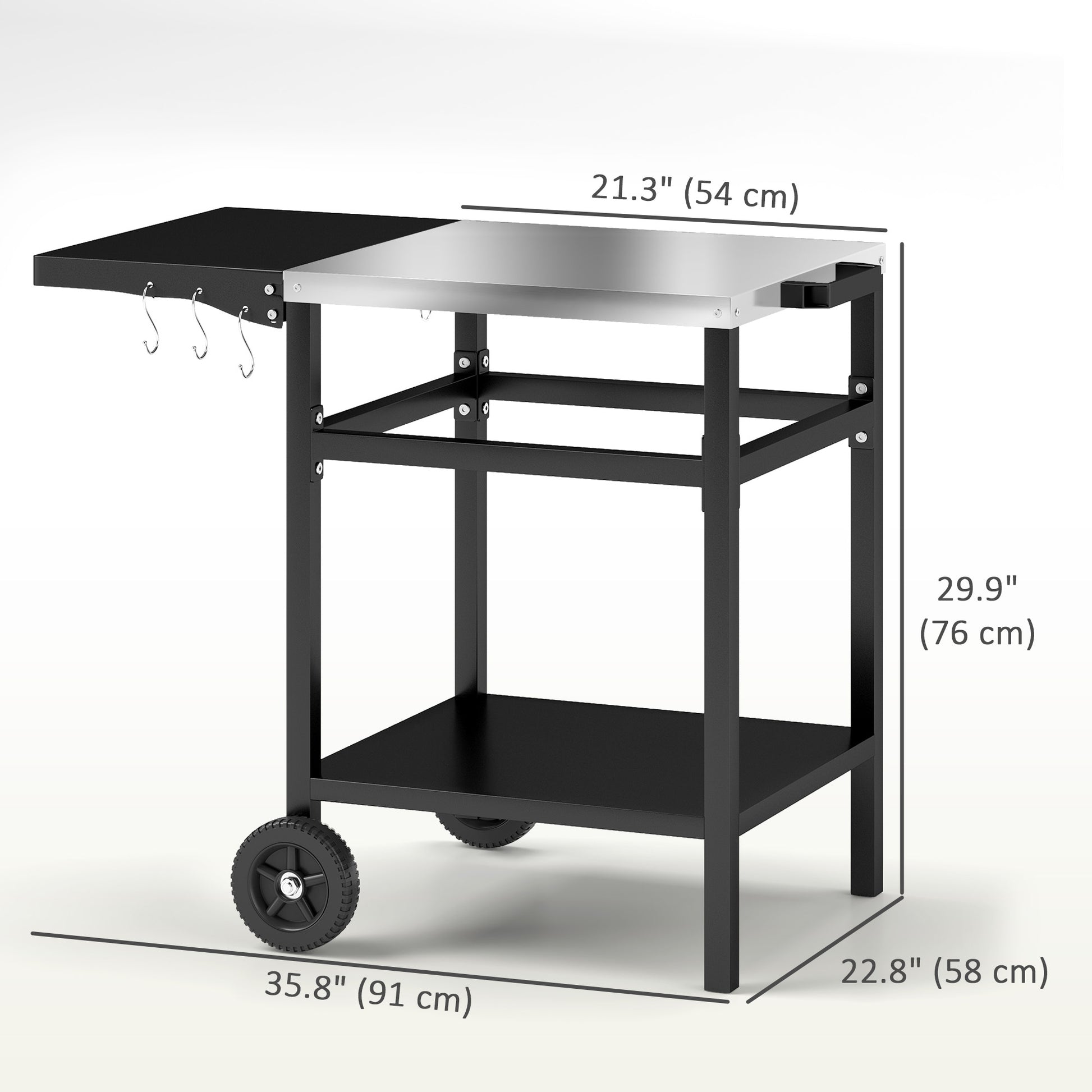Outdoor Grill Dining Cart with Stainless Steel Top and Foldable Side Table, BBQ Movable Pizza Oven Stand Food Prep Table Trolley with Hooks Shelf Cover, Black