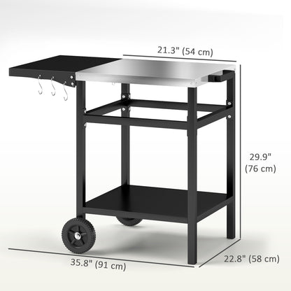 Outdoor Grill Dining Cart with Stainless Steel Top and Foldable Side Table, BBQ Movable Pizza Oven Stand Food Prep Table Trolley with Hooks Shelf Cover, Black