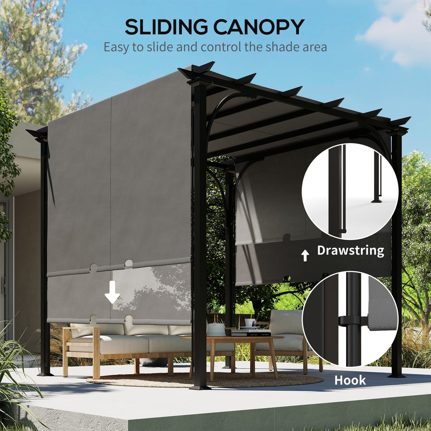 10' x 10' Retractable Pergola Canopy, UPF50+ Outdoor Metal Pergola Gazebo Sun Shade Shelter with Steel Frame, Dark Grey